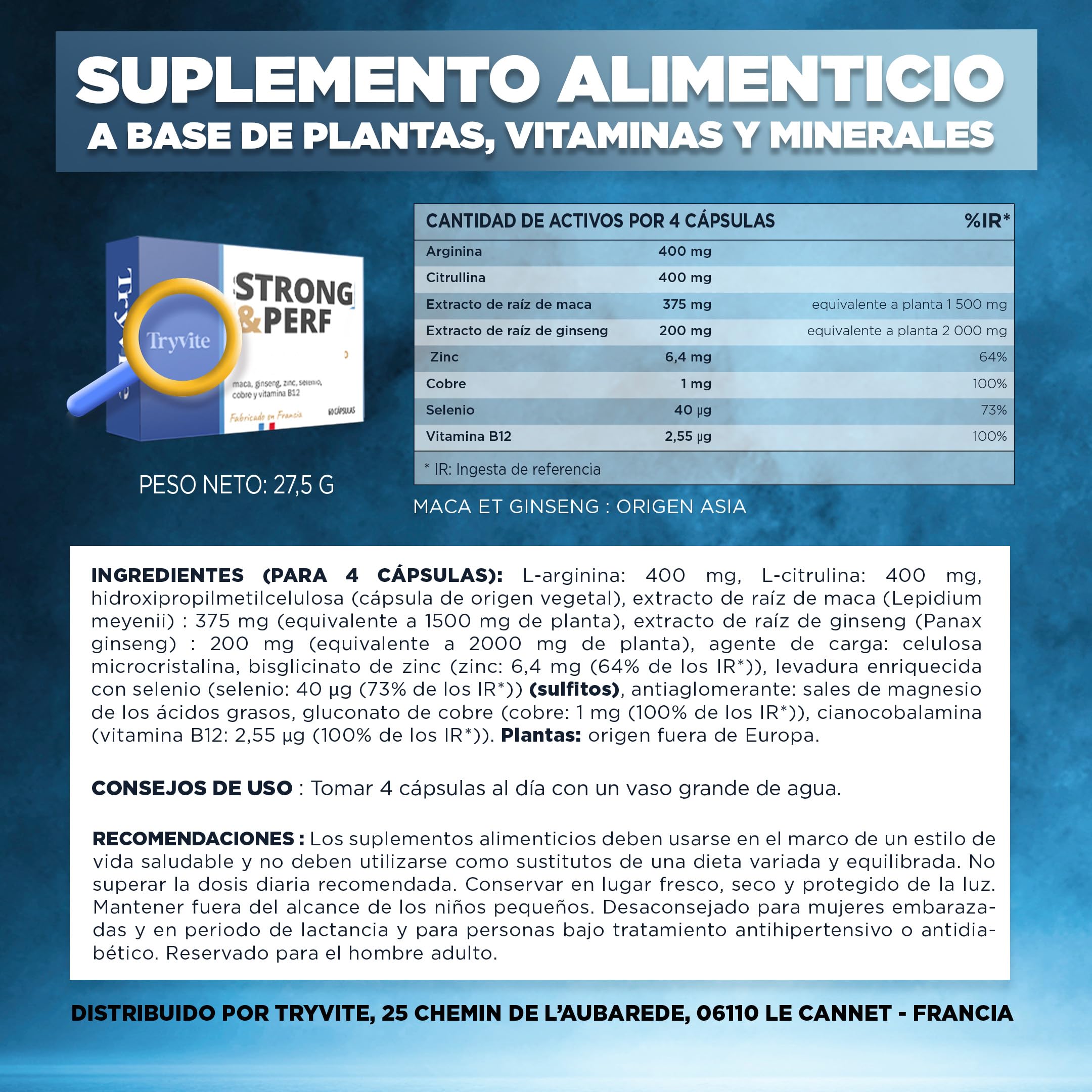 Fórmula Práctica para Hombres Activos | 60 Cápsulas con Ginseng, Maca, Arginina, Citrulina y Zinc | TRYVITE STRONG&PERF