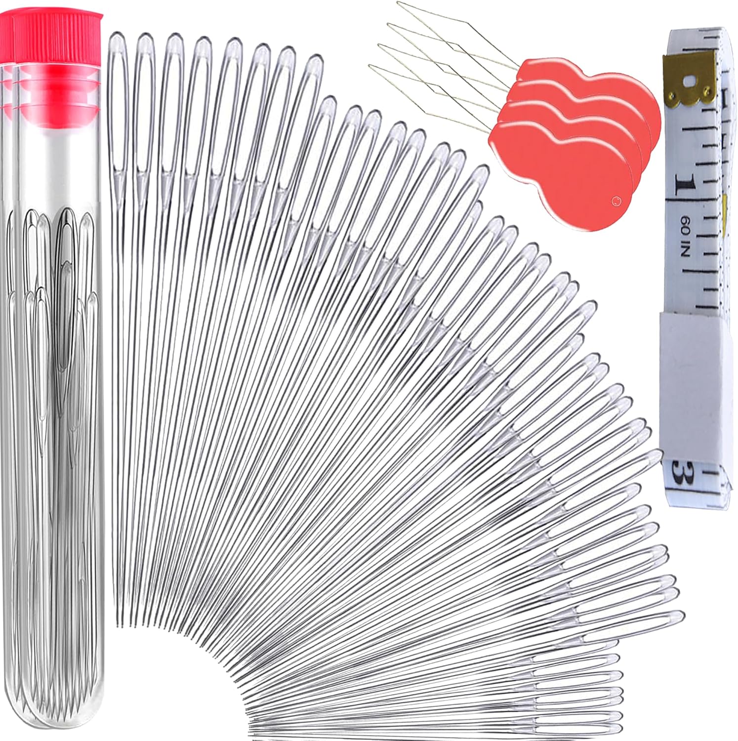 55 PCS Large Eye Sewing Needles, 5 Sizes Hand Sewing Needles, Including Embroidery - 50PCs with 4 Pcs Needle Threader and 1 Measuring Tape