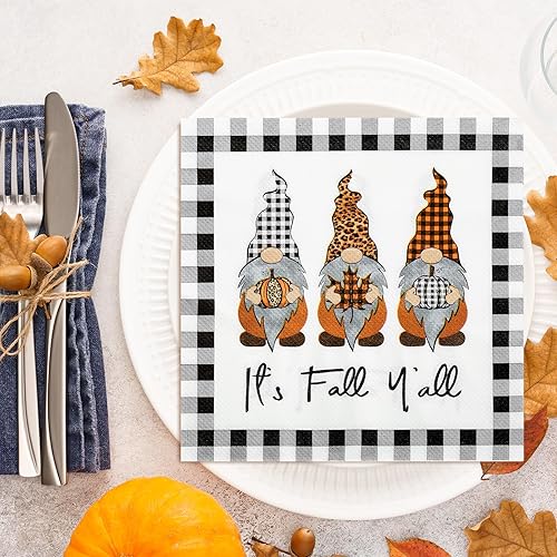 Miniatura 5 de AnyDesign Paquete de 80 servilletas de papel desechables de otoño con texto en inglés "It's Fall Y'all" Servilletas de almuerzo a cuadros, gnomo de
