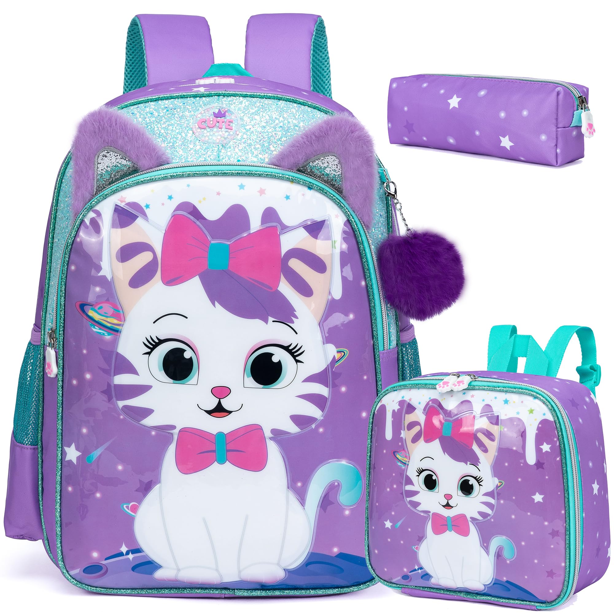 ZBAOGTW Backpack for School Backpacks for Girls Backpack with Lunch Box Cute Schoolbag for Kids School Supplies for Kids Cute Cat School Bag for Girls