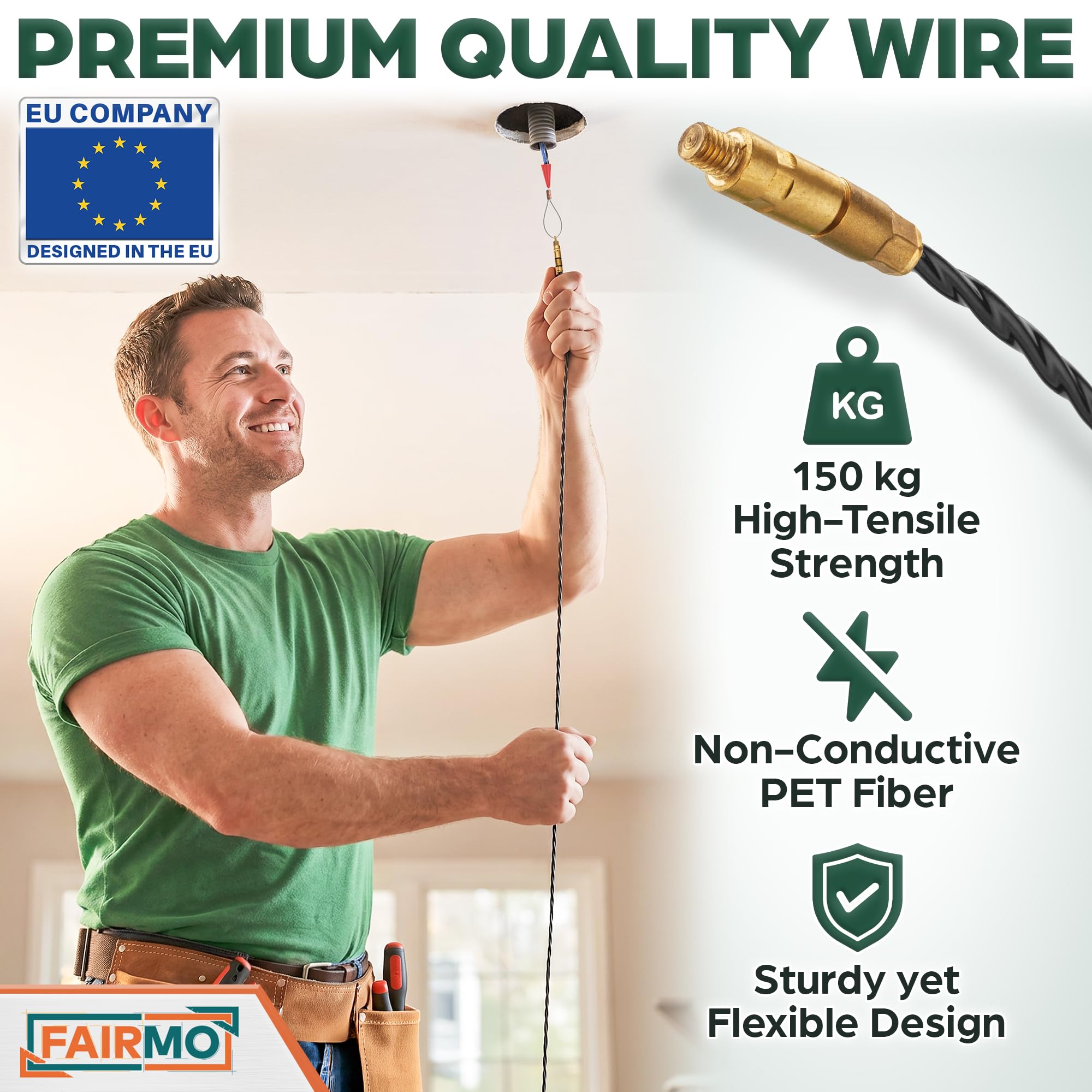 Przemyślana spirala 50 m do rur pustych firmy FAIRMO – 4 mm PET drut ciągnący w zestawie z 5 adapterami – pomoc do wciągania kabli odporna na pękanie – sprężyna do efektywnej pracy (PET – 50 metrów)