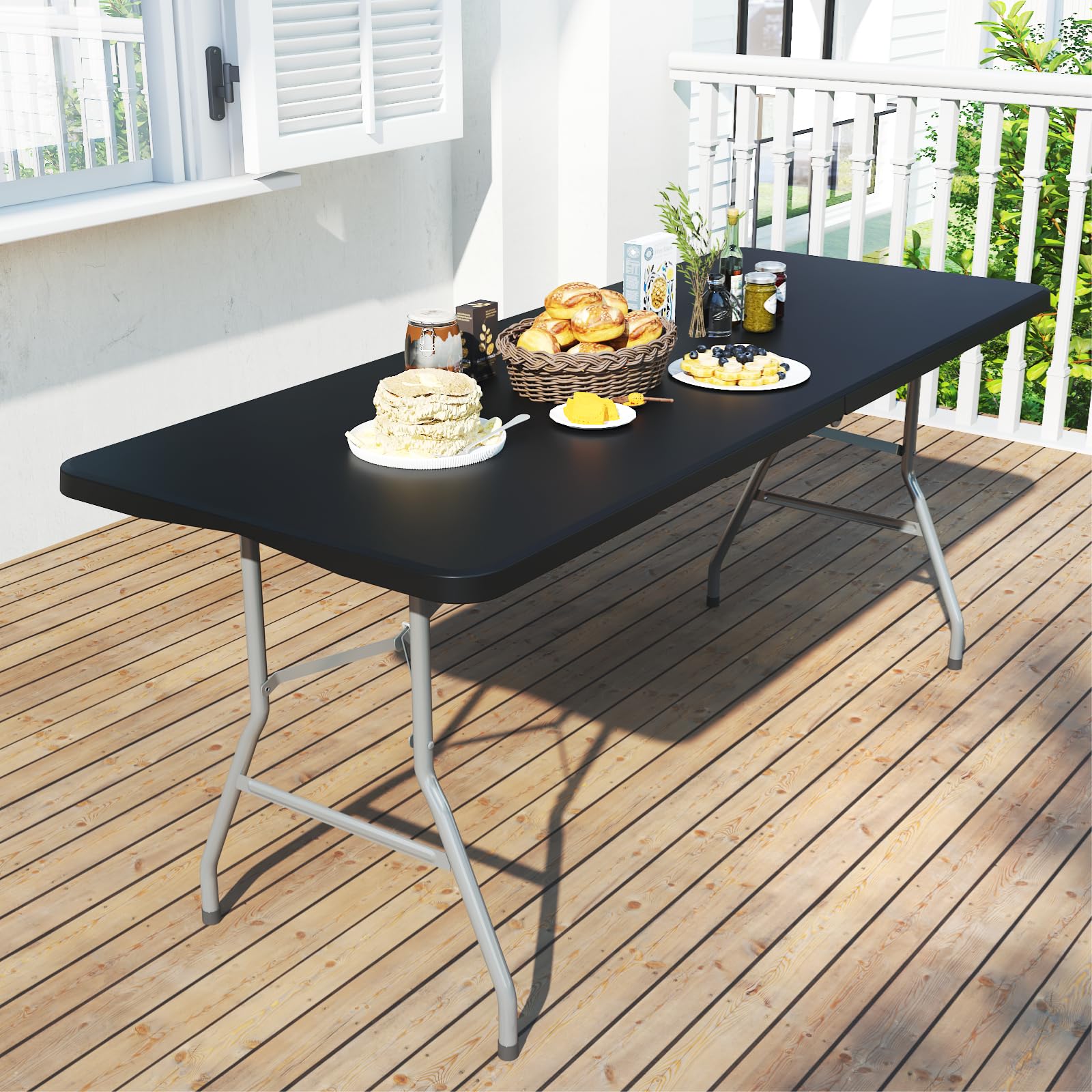 Foldable Table 6ft, Plastic Folding Table, Portable Heavy Duty Dining Tables with Lock Function & Carrying Handle, Outdoor Indoor Foldable Tables for Camping Party Picnic, Black