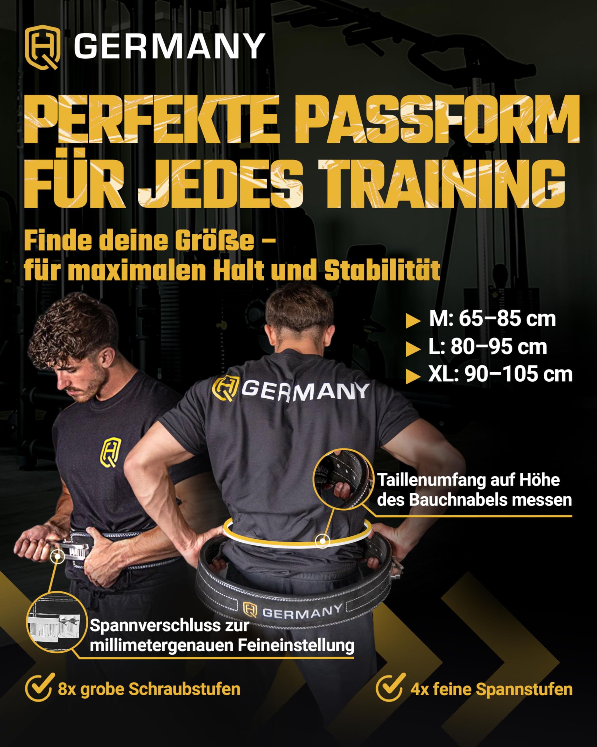 HQ Germany® Gewichthebergürtel S-XL [Echtleder] - Weightlifting Belt | 100% Rindsleder, doppelläufige Naht, veredelte Kanten, Edelstahl-Schnalle, verklebte Lederschichten, knarzfrei
