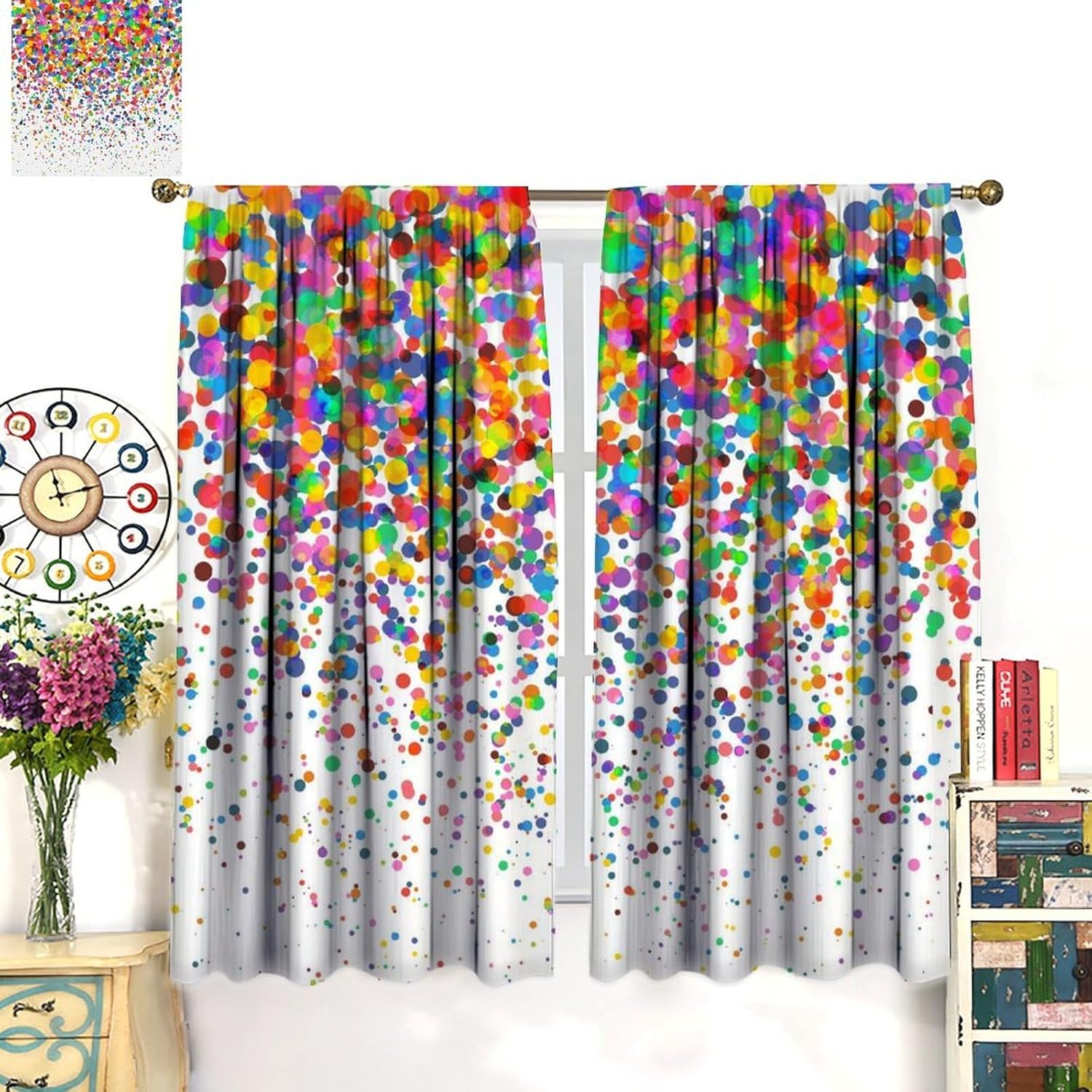 Colorful Polka Dot Curtains, Abstract Geometric Confetti Falling Rainbow Geometry Bright Print Rod Pocket Window Treatments for Wedding Festival Party Kids Bedroom Living Room 42x54 Inch