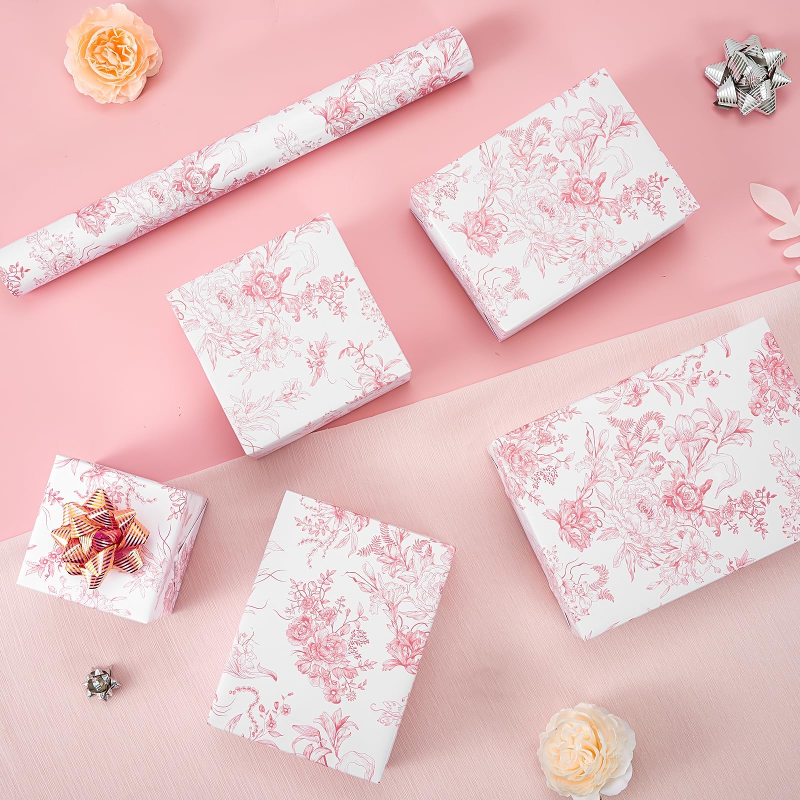 WERNNSAI Pink Floral Wrapping Paper - 1 Roll 43 cm x 10m Pink Flower Wrapping Paper Vintage Floral Gift Wrap for Women Girls Birthday Wrap Wedding Bridal Shower Gift Mothers Day — view 4