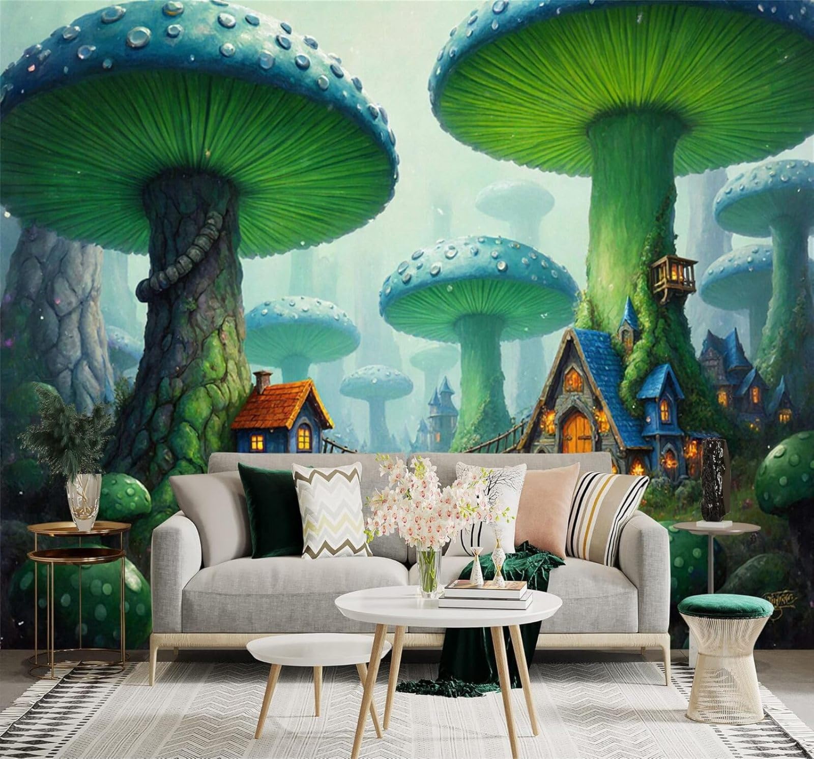 Xlming 300Cm×210Cm(B×H) Fantasy Forest Giant Mushrooms Houses Mist Path 3D Wallpaper Silky Texture Home Study Office Grey Dining Room Sofa Bedroom Living Room Tv Backdrop-300Cm×210Cm