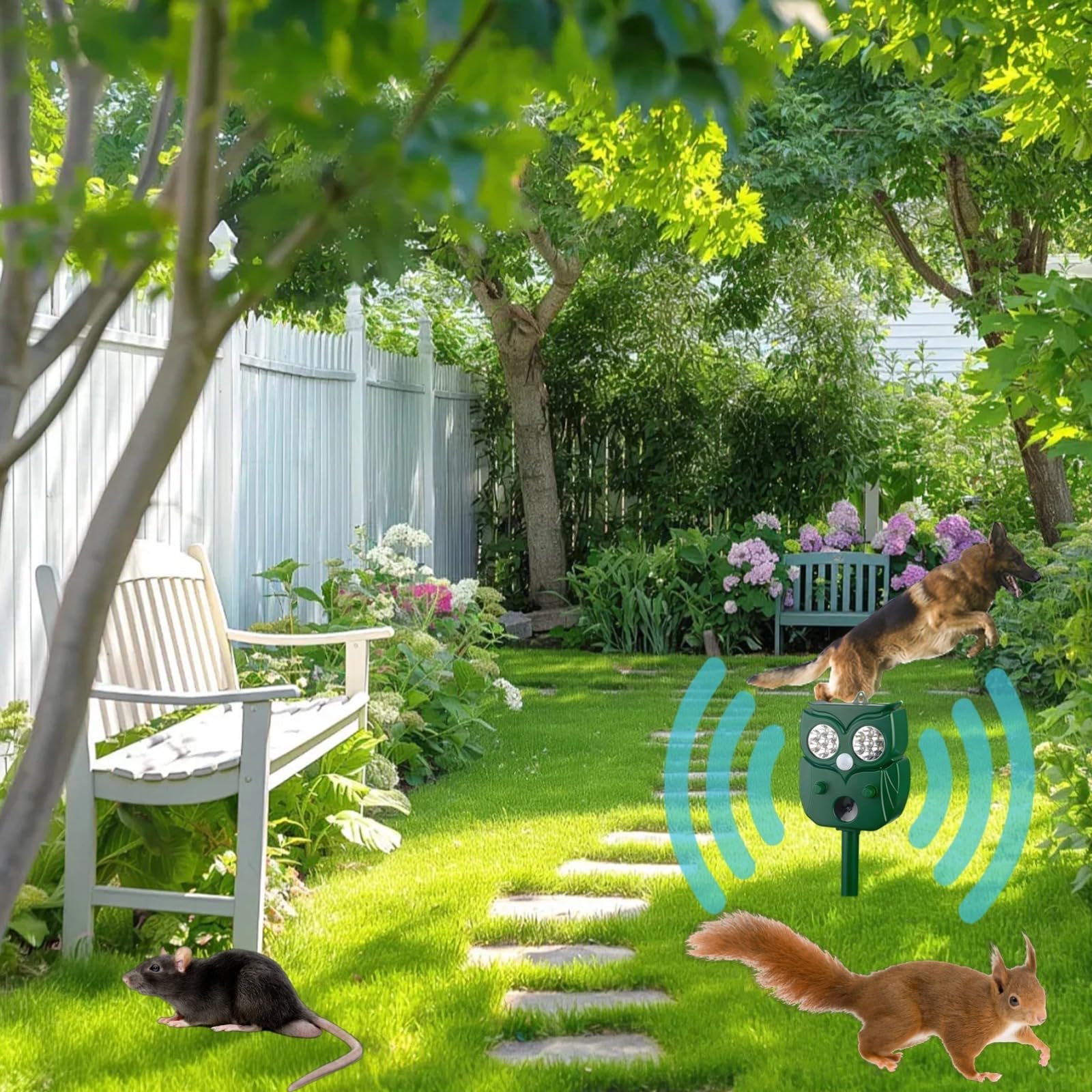 PONDON Répulsif pour chat à énergie solaire avec ultrasons en forme de hibou 14 LED ABS PP pour intérieur et extérieur Certifié FCC et CE