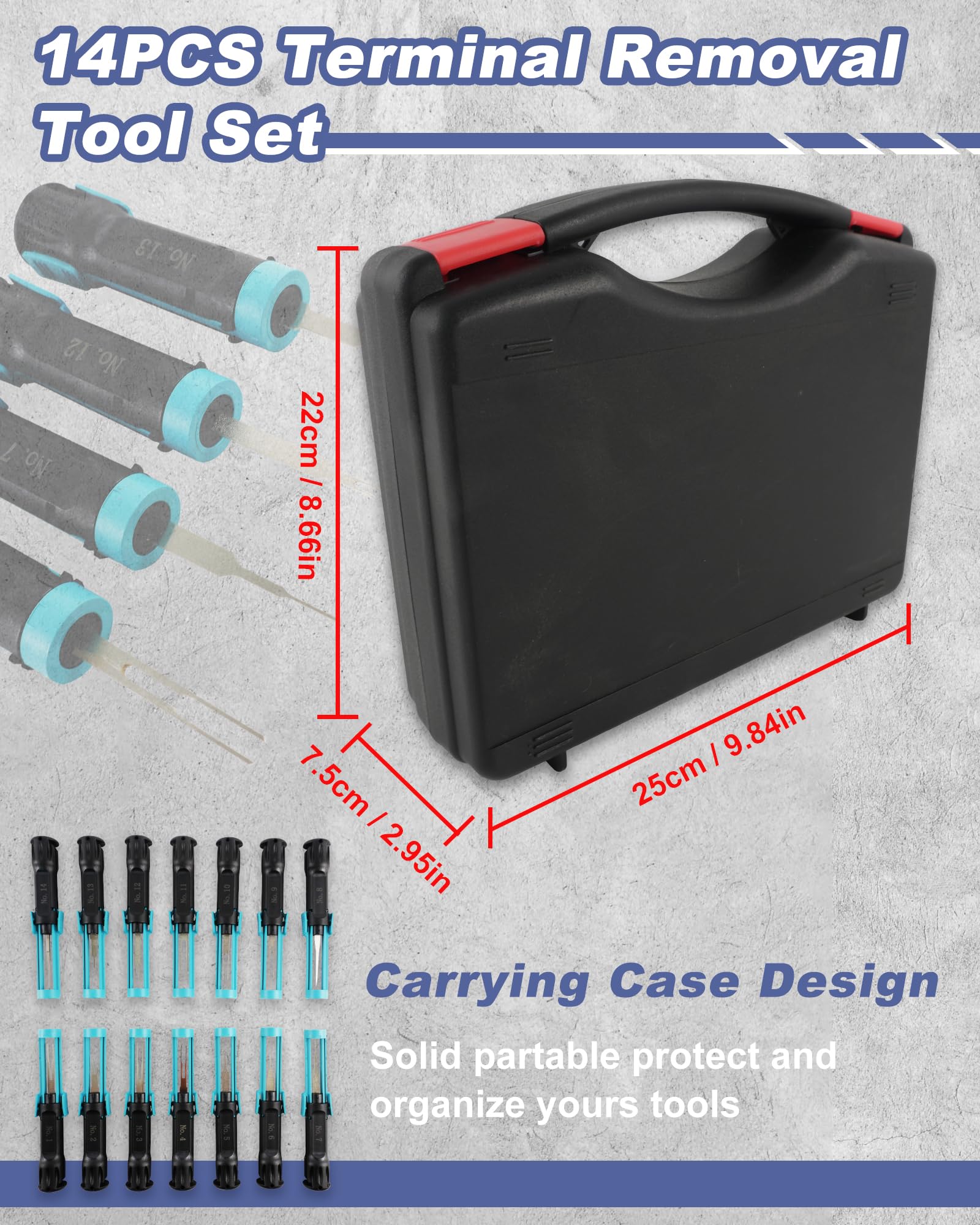 KUNGJUER 14PCS Terminal Removal Tool Kit for Automotiv, Universal Electrical Connector Extractor Tool Set with Non-Slip Handles for Replaces Universal Vehicle Wire Harness Pin Connector Release.