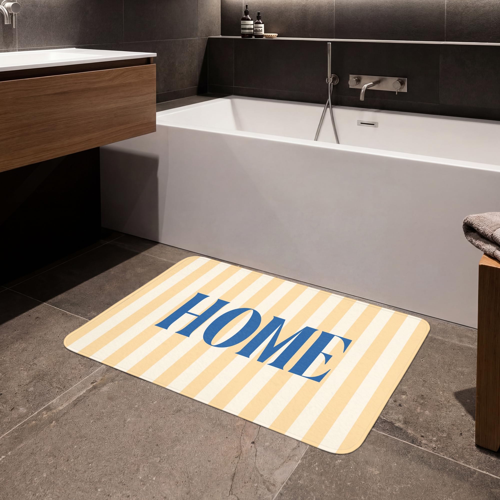 Tapis De Douche Rectangulaire 90x60 cm Bain Decoration Absorbant Antidérapant Lavable Non Slip Bath Mat Accessoire Baignoire Bleu - Jaune - Rayures - Accueil