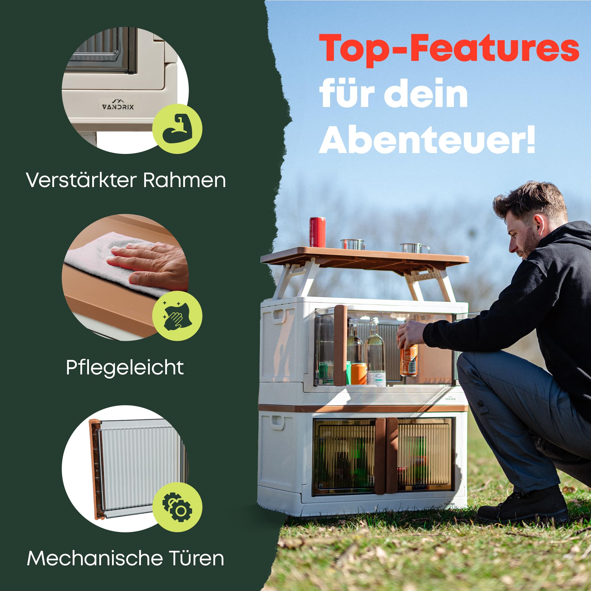 VANDRIX Campingschrank faltbar mit Tischfunktion – Ultraleicht (3,9 kg), in 1 Min. aufgebaut, wetterfest, 20 kg Traglast, stabil auf Sand/Kies, ideal für Vanlife, Zelt & Outdoor Reisen