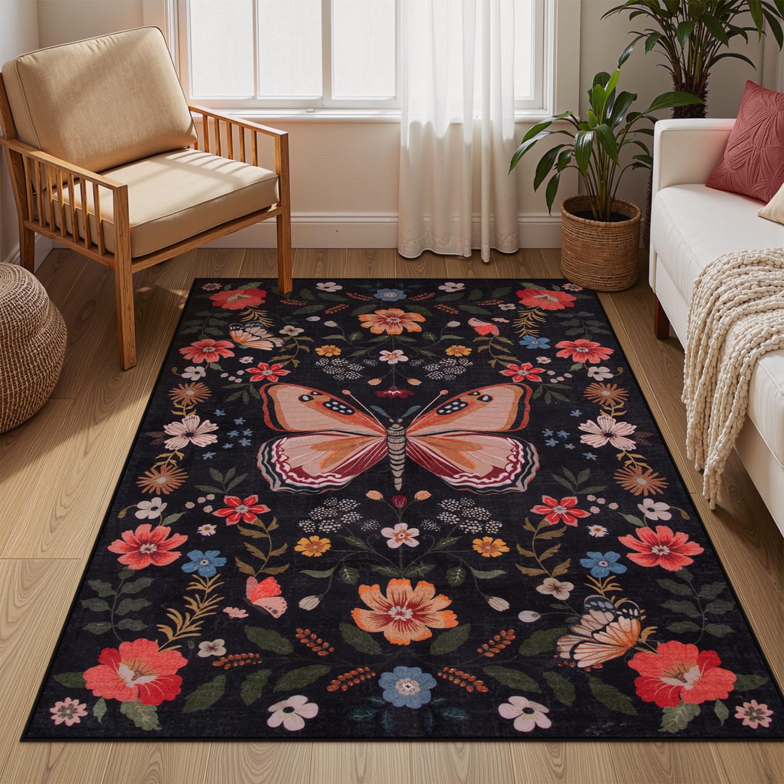 Lahome Black Floral 3x5 Washable Rug,Ultra Thin Bedroom Area Rugs for Dorm Entryway, Boho Butterfly Non Slip Bedside Rug,Stain Resistant Small Throw C