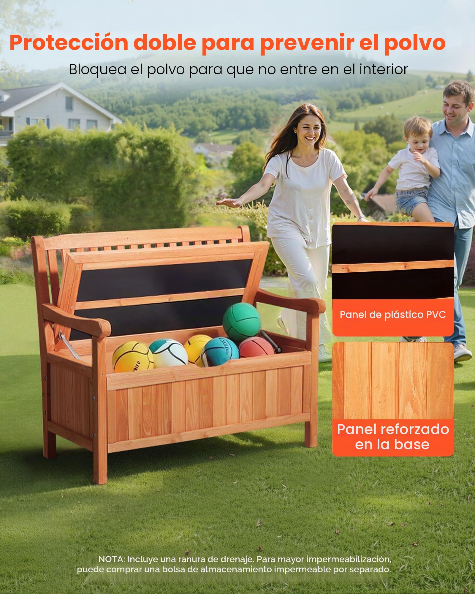 VEVOR Banco de Almacenamiento de Madera 106,5 x 58,5 x 90,1 cm para 2 Personas con Asa Lateral Baúl de Terraza Soporta hasta 319,8 kg Asiento Exterior Resistente para Porche, Patio, Jardín, Balcón