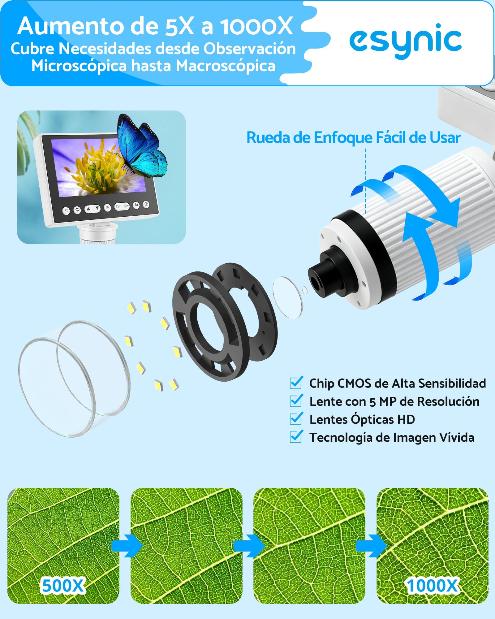 eSynic Microscopio Digital con Pantalla de 4.5'' Microscopio Portátil 1080P 5X-1000X con Luz LED Doble Soporte Ajustable Microscopio Recargable con 32GB para Reparación Soldadura PCB Monedas Educación