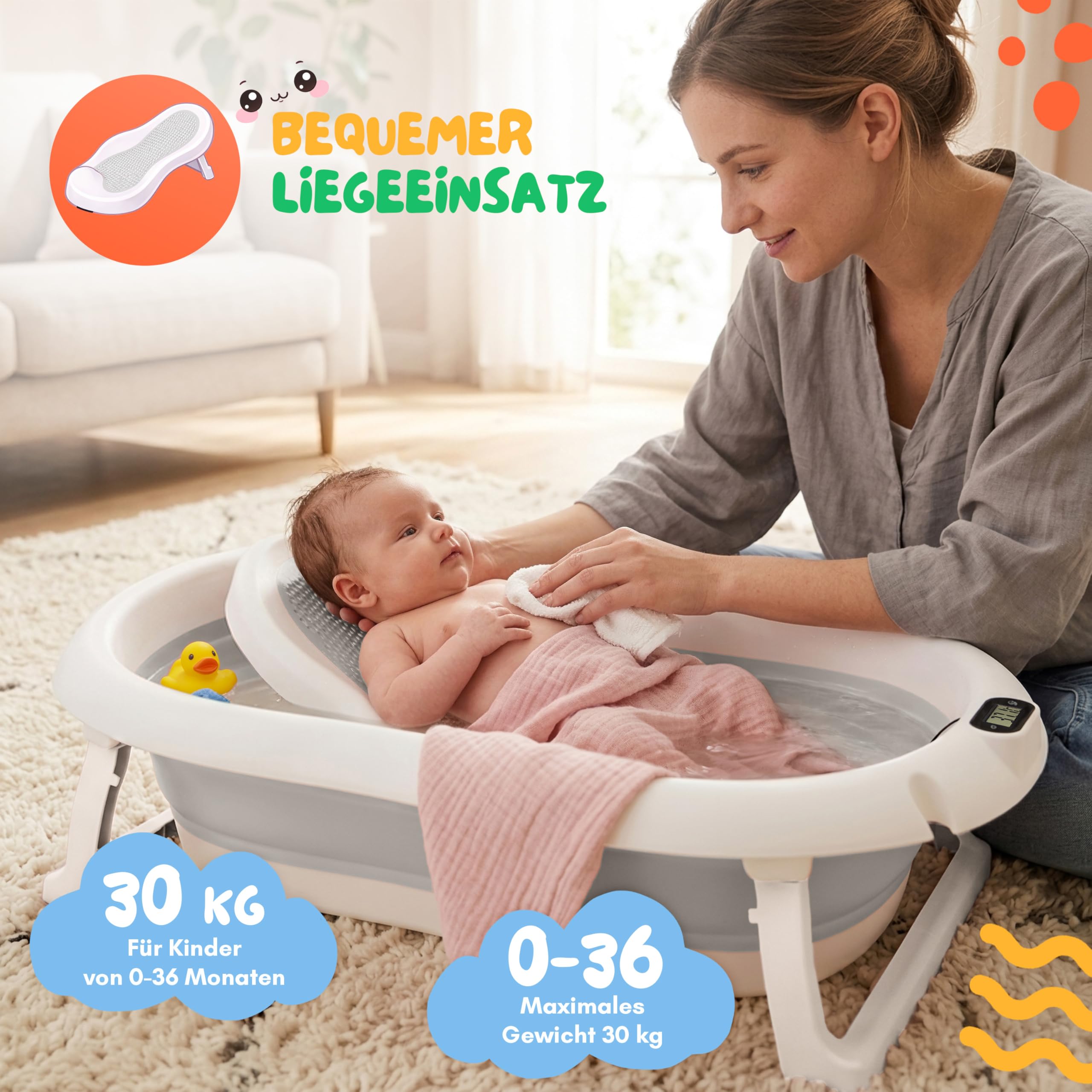 Baby Badewanne 80cm - Babybadewanne Faltbar Grau 0-36 Monate | mit Thermometer und Badesitz Baby Bathtub für Kinder Kinderbadewanne Tragbare