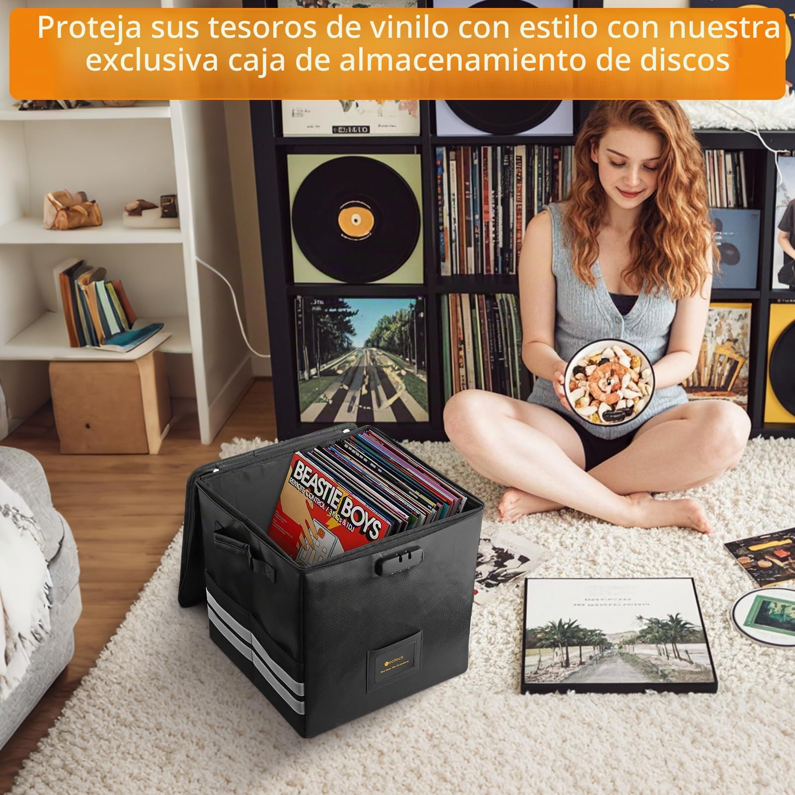 Neoteck Caja de Almacenamiento de Discos de Vinilo Ignífugo con Cerradura de Combinación, Bolsillo de Malla y Tiras Reflectantes para Djs y Entusiastas