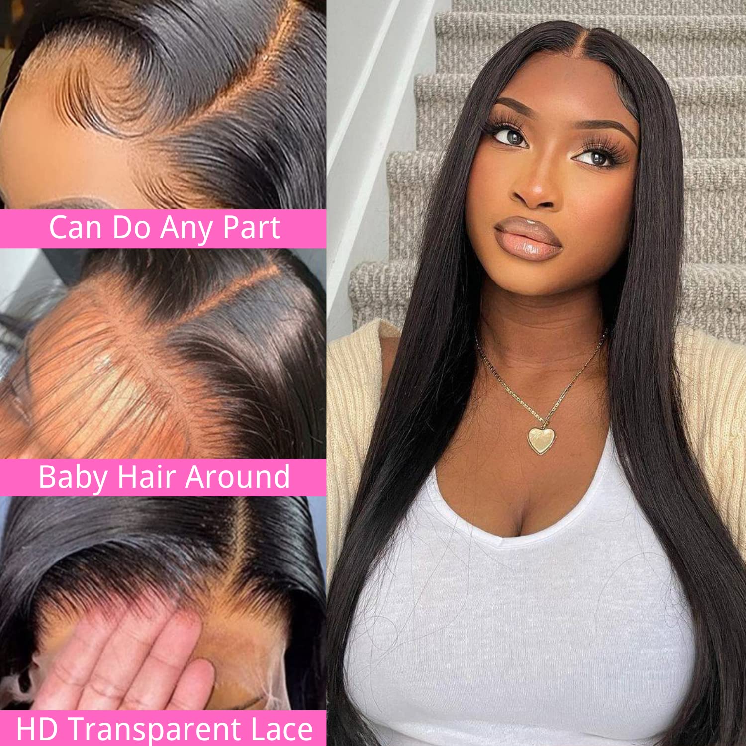22Inch Straight Lace Front Wigs Brazilian Virgin Human Hair Wigs For Black Women Natural Color - Pre Plucked 180% Density 13X4 HD Transparent Lace Front