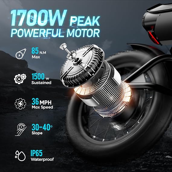 eAhora FT01 1700W Electric Dirt Bike 36MPH with 48V 30Ah, 135MM Front Fork & Dual Disc Hydraulic Brakes, 90Miles Long Range Electric Bike, 20 Fat Tire electric motorcycle for adults, electric scooter