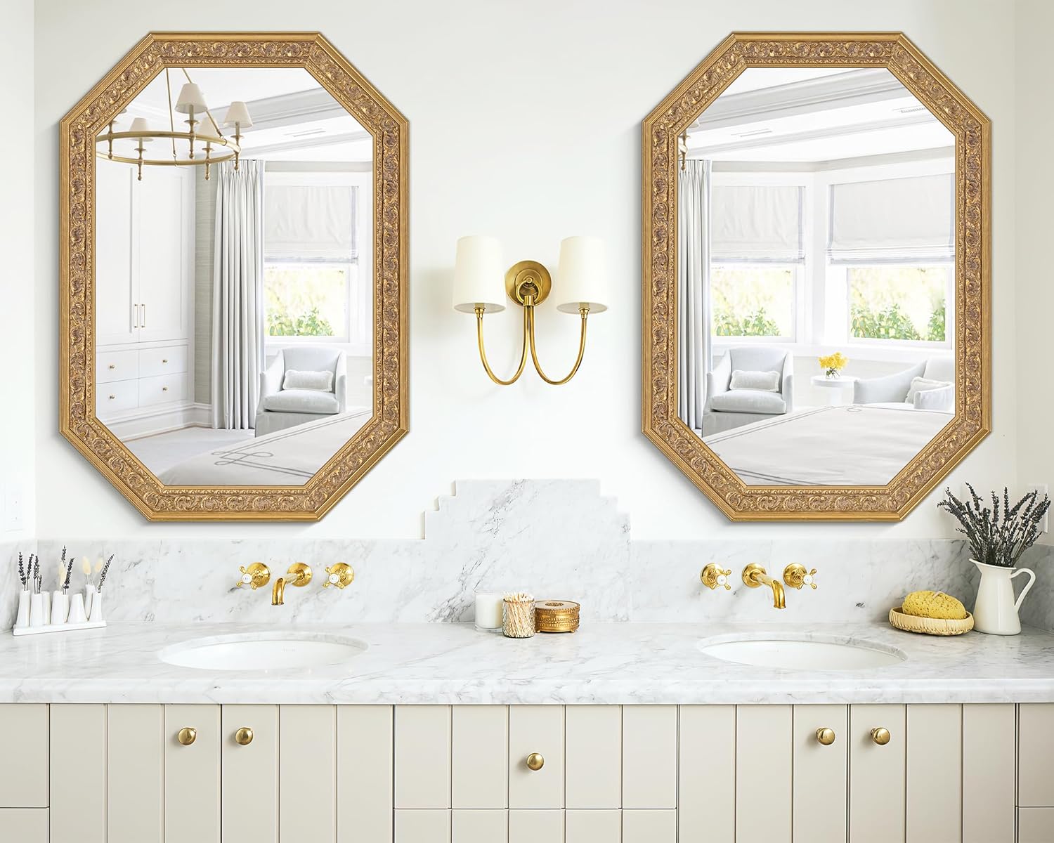 Chende Octagonal Gold Mirror for Wall Decor, 41" L x 29" W Decorative Wall Mirror with Floral Wood Frame, Horizontal/Vertical Hanging, Living Room, Bathroom, Dining Room, Entryway Decor - Image 4