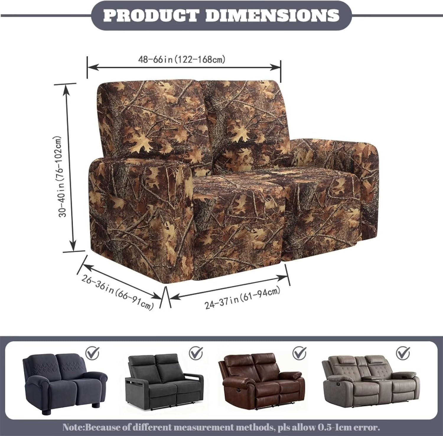 Forest Hunting Camo Recliner Loveseat Slipcover, Tree Branch Stretch Reclining Sofa Cover, 2 Seater Love Seat Recliner Couch Cover, Thick, Soft, Washable Furniture Cover