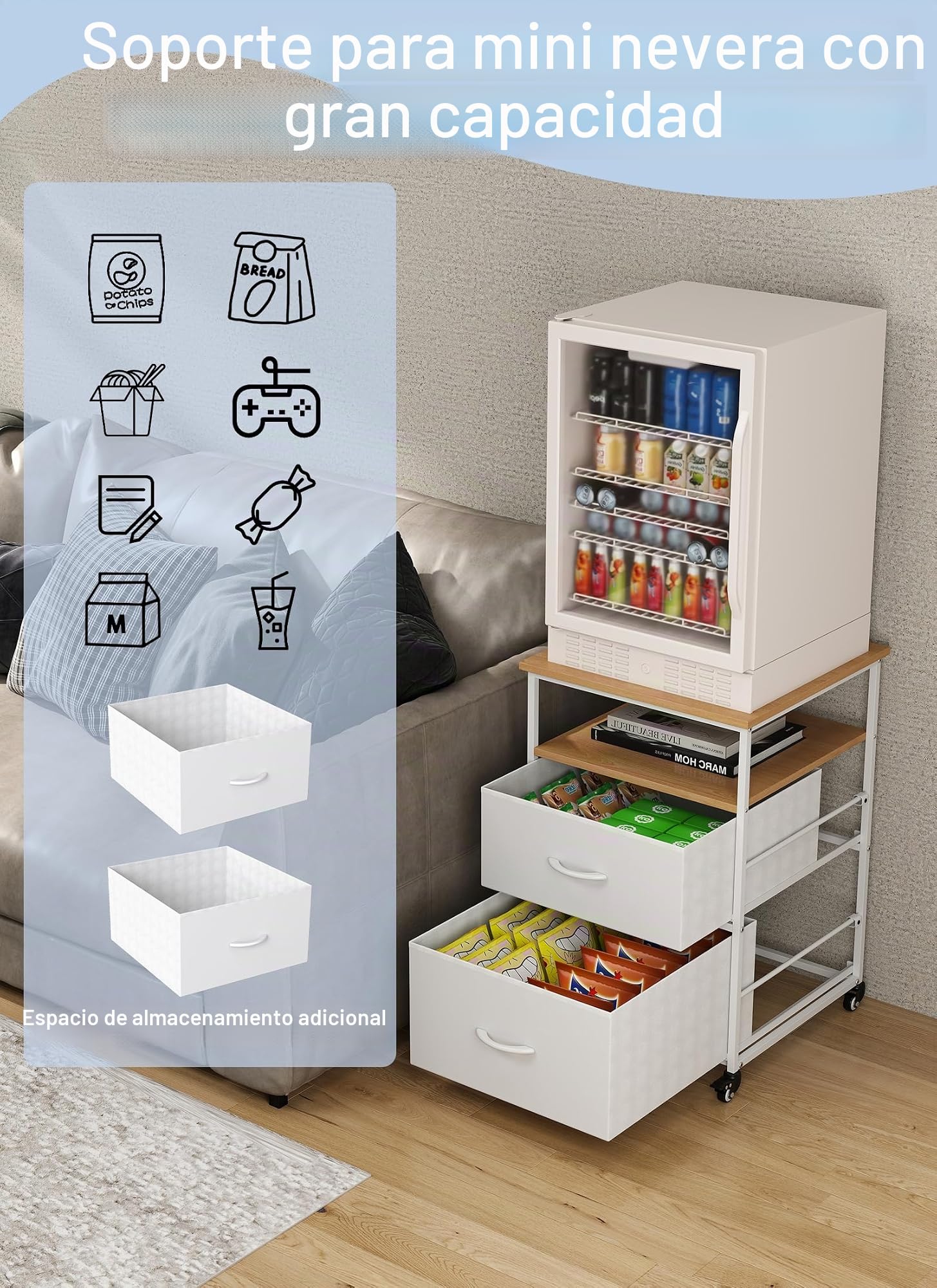 Miniestantería portátil para frigorífico con 4 ruedas, armario con 2 cajones, carrito de cocina, mesa auxiliar de 76 cm, mini soporte para nevera pequeña, para mini nevera, cocina, salón