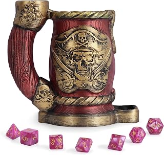 Dice Tower Mug Set-Dice Rolling Tower with 7-PCS polyhedral Dice Set, DND Accessories for Players, Perfect Medieval Tavern Style Gift for D&D Players and DMS (Barrel & Bones)