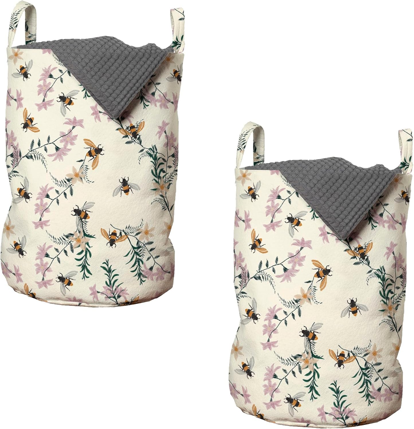 Ambesonne Floral Laundry Bag Pack of 2, Vintage Craftwork Look Honey Bee Flowers Petals Print, Hamper Basket with Handles Drawstring Closure, 13" x 19", Ivory Lilac