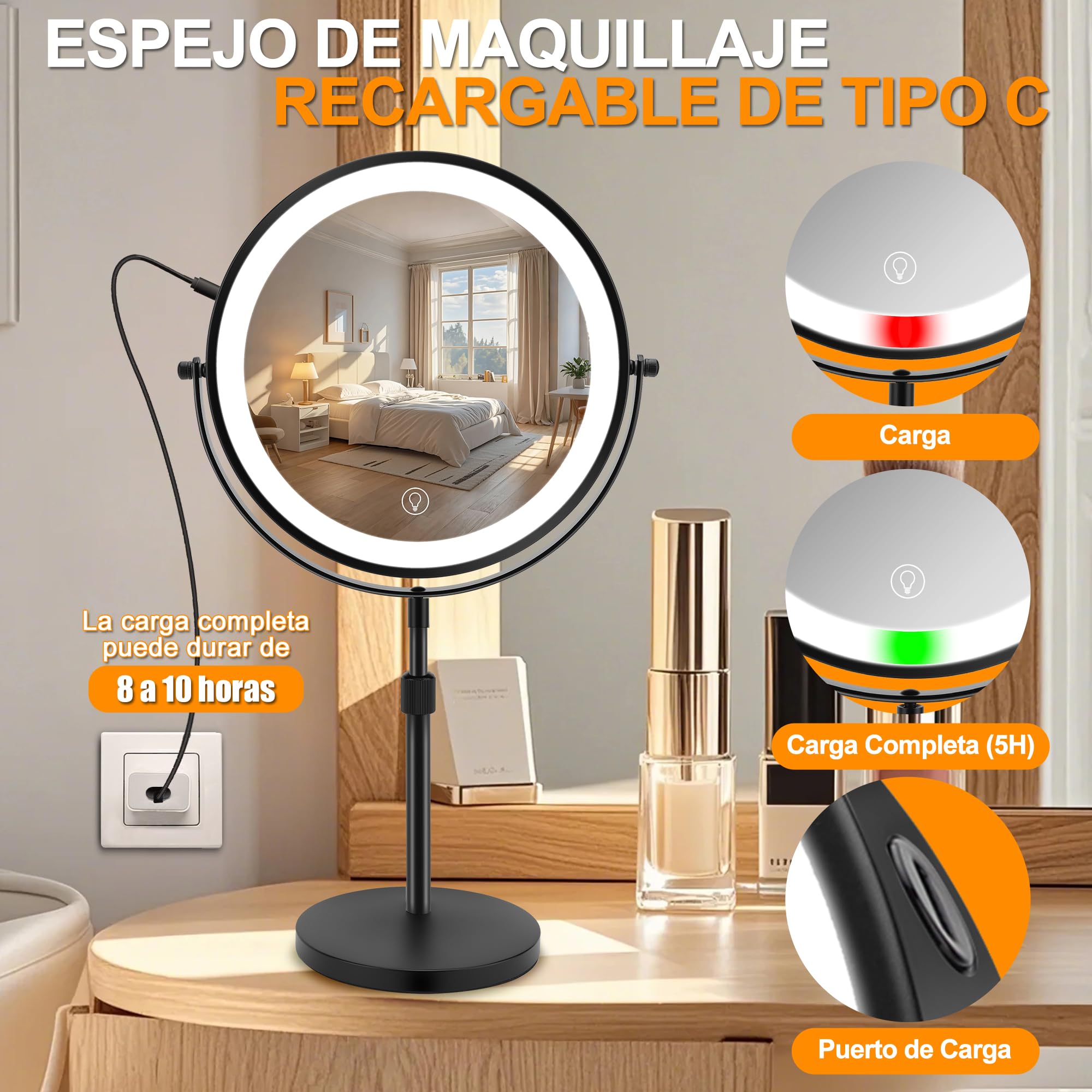 Espejo de Maquillaje de Doble Cara de Altura Ajustable con Luz, 3 Colores de Luz LED e Interruptor Táctil, para Cuidado Personal y Maquillaje (10X)