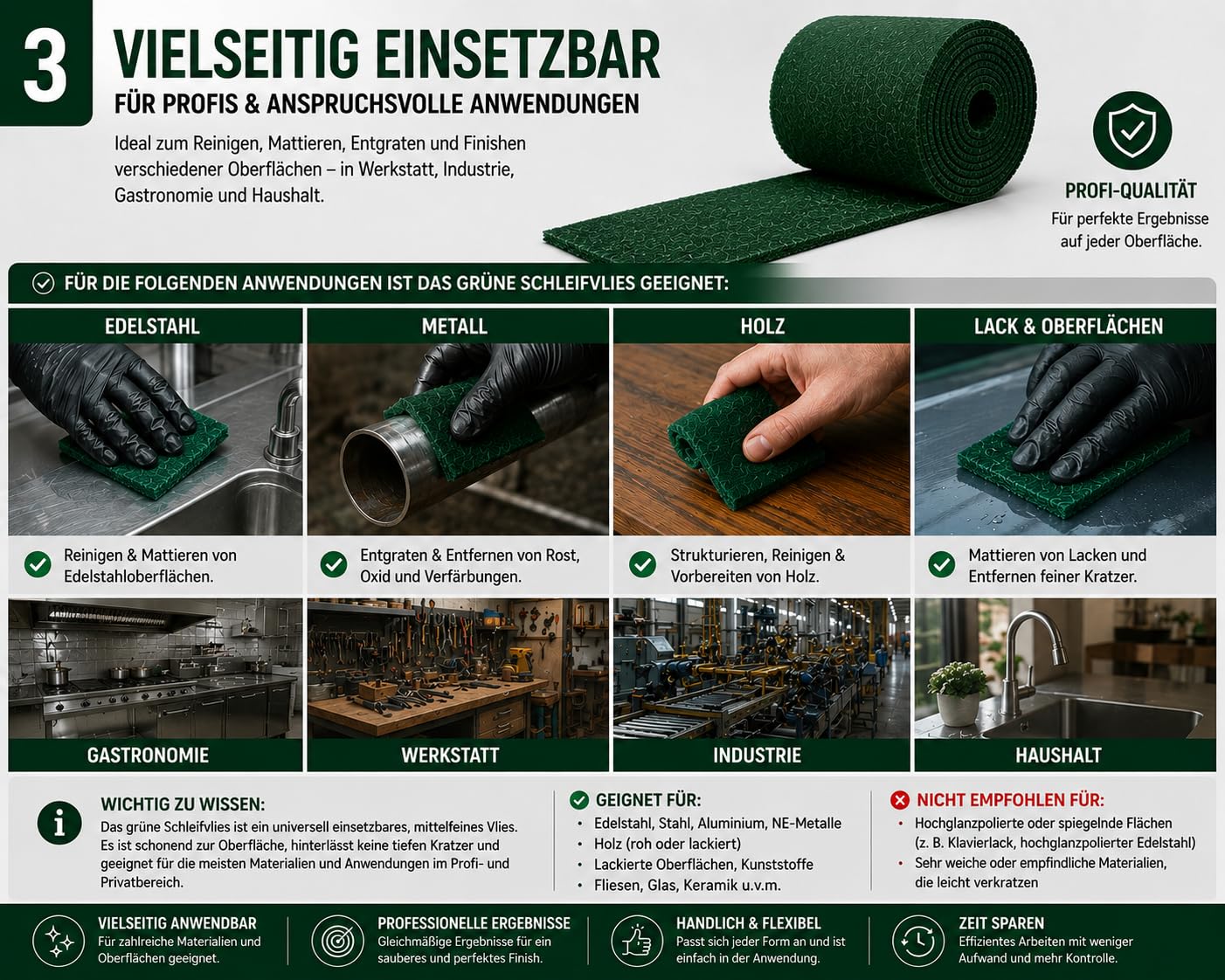 Schleifvlies Rolle Grün dünn 17 cm x 10 m – 750 g/m² Reinigungsvlies für Edelstahl, Metall, Holz & Lack – Waschbares Profi Schleifpad zum Mattieren, Reinigen & Finish