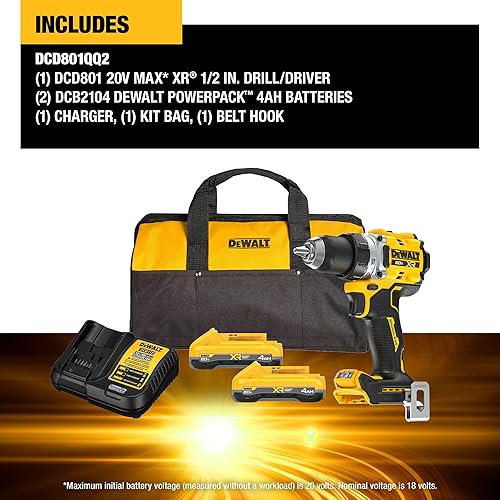 Miniatura 2 de DEWALT - Kit de destornillador inalámbrico sin escobillas de 20 V MAX XR de 12 pulgada con baterías y cargador DEWALT POWERPACK (DCD801QQ2)