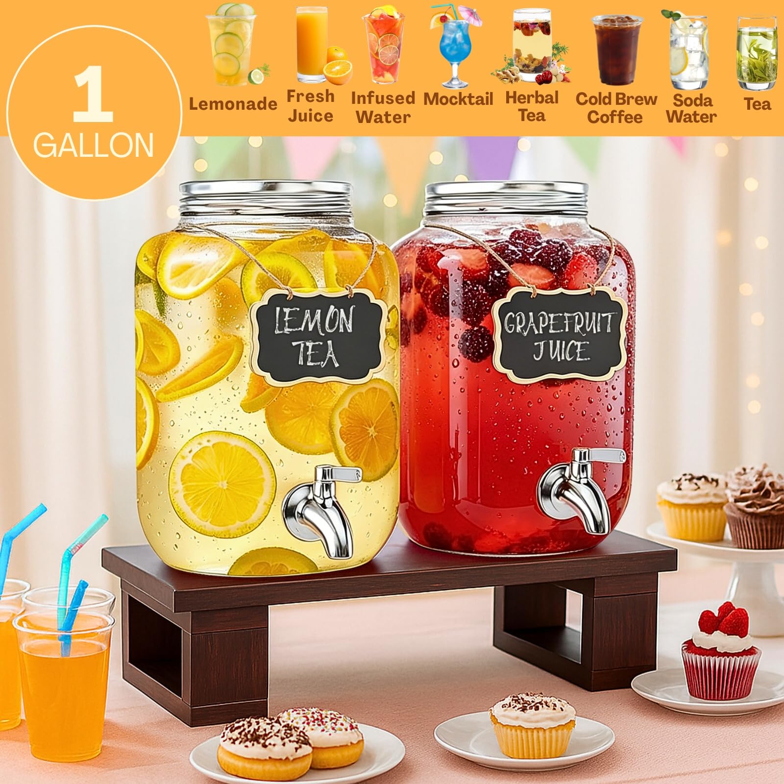 Ofiray-home Getränkespender aus Glas mit Massivholzständer und Edelstahl-Zapfhahn, auslaufsicherer Getränkespender mit Kreidetafel-Etiketten für Limonade, Saft, Eistee und mehr, 2 Stück