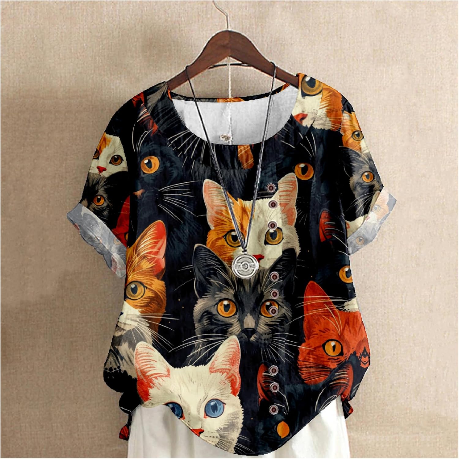 Summer Tops for Womens Cute Cat Print Short Sleeve Blouses Crewneck Lightweight Casual Lounge Japanese Art Tops - Image 2
