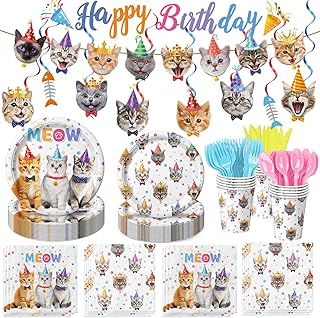 170PCS Cat Birthday Decorations Cat Birthday Party Supplies - Includes Plates, Napkins, Cups, Cutlery, Banner, Hanging Swirl for Cat Birthday Party Decorations, Serves 24