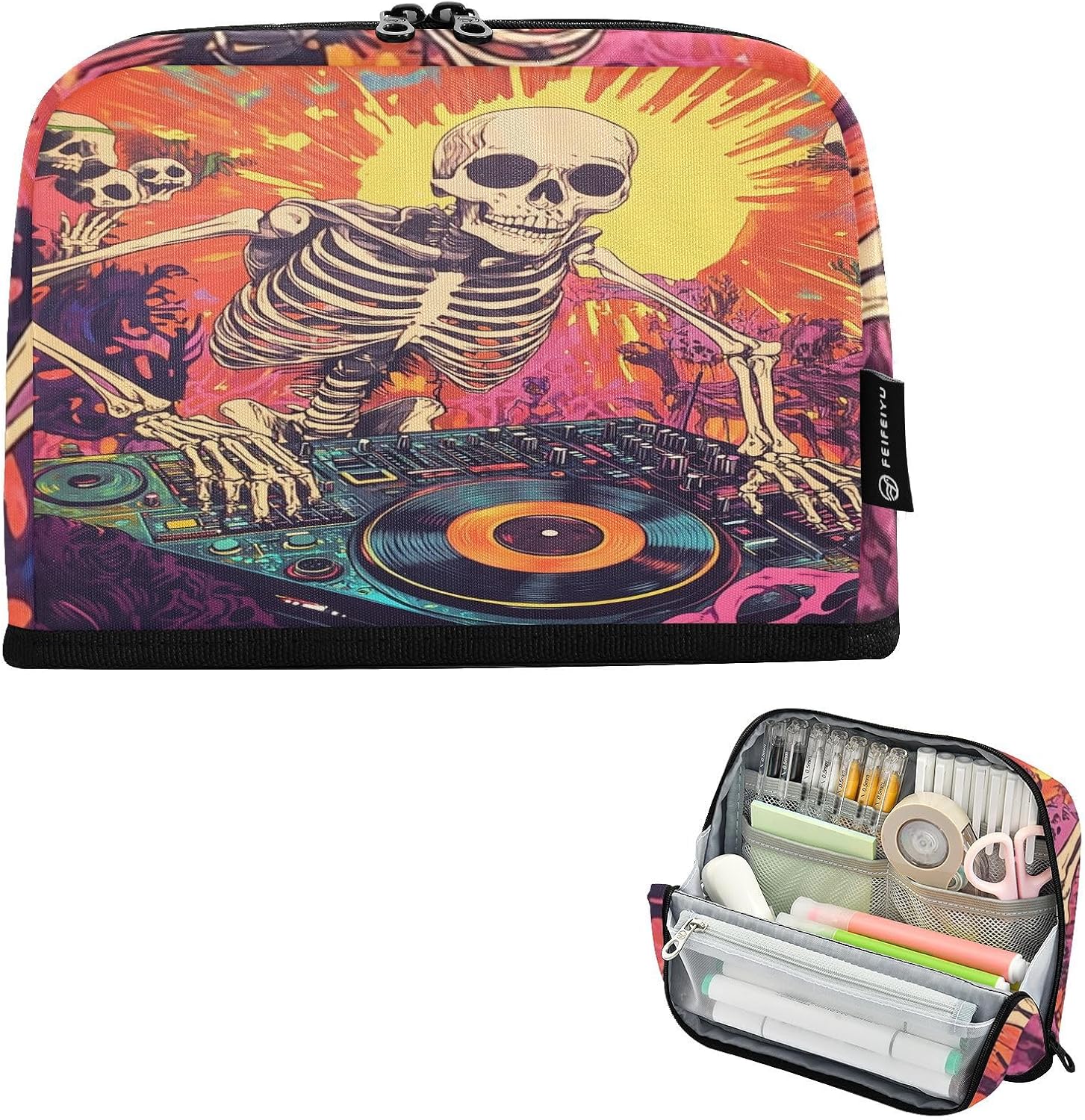 Beach Party Skeleton Dj Pencil Bag Large Capacity Pencil Case with Compartments Pencil Pouch Organizer for School Kids Teens Girls Boys