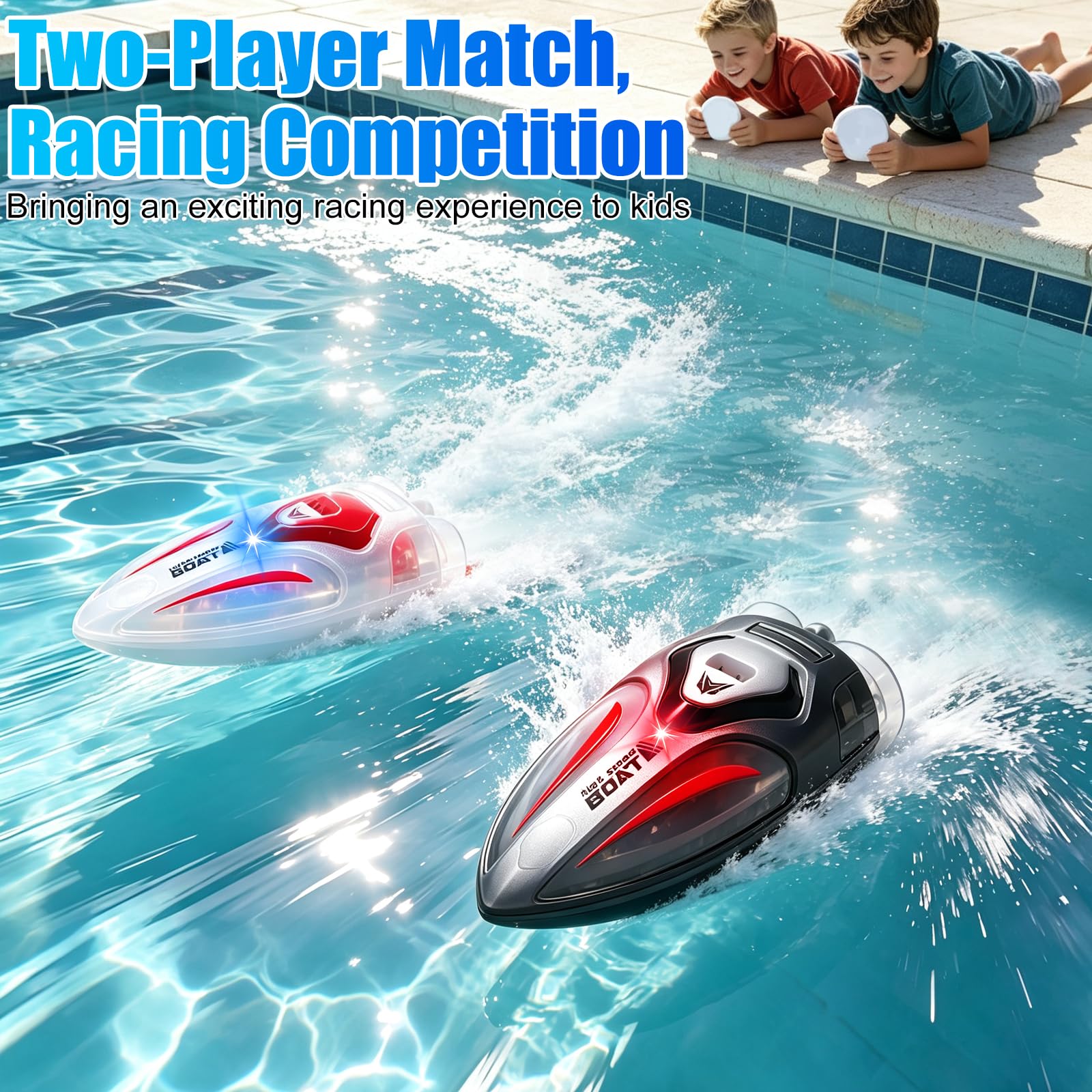 RC Stunt Barca,2 Pezzi Mini Barche Telecomandate con Piscina Gonfiabile | Funzione di rotazione automatica,Spegnimento automatico non appena esce dall’acqua,Adatto per vasche da bagno,piscine,laghi