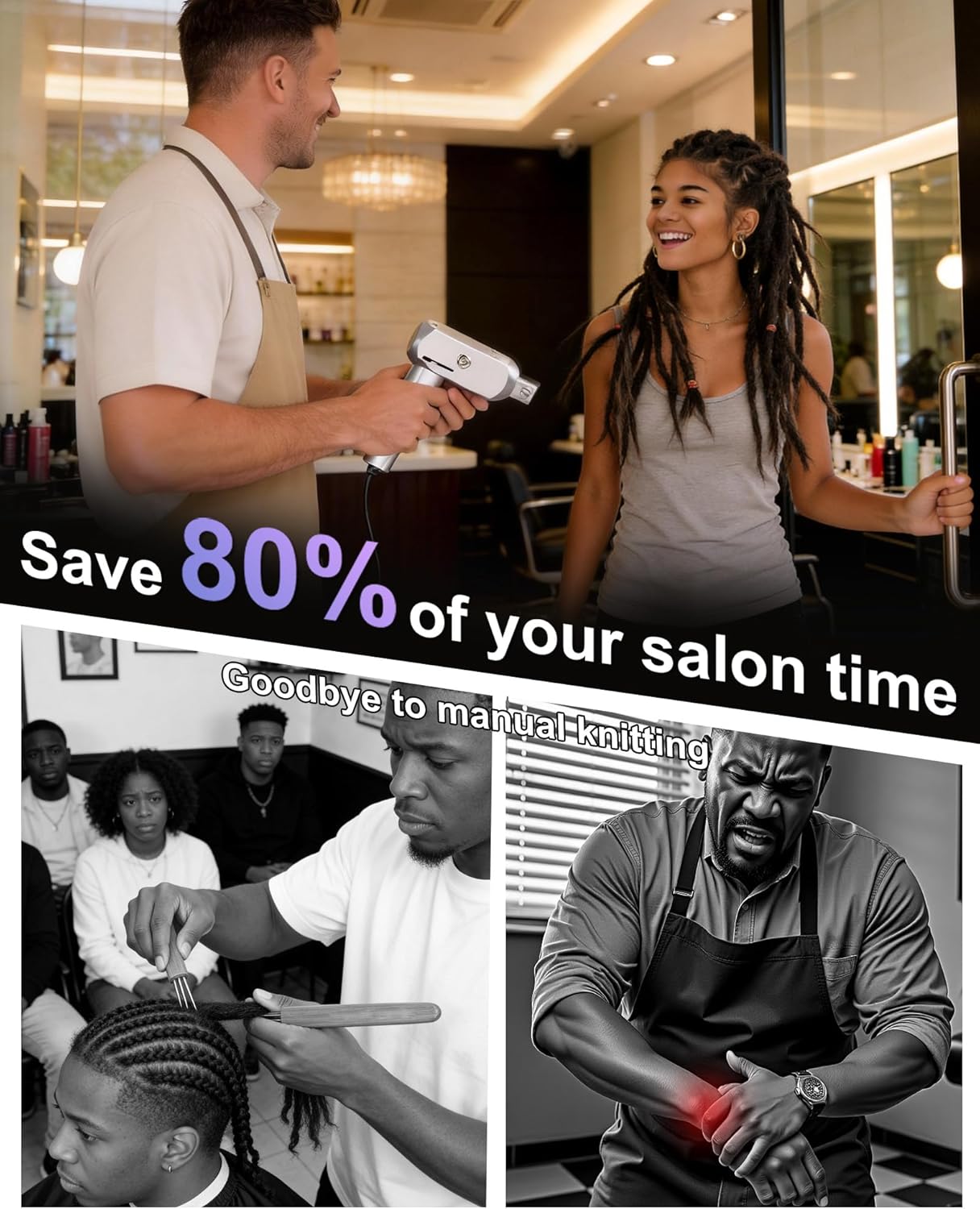 3rd-Gen Dreadlocks Machine, Patented Needle Retraction, Handheld Instant loc Machine Features a Lightweight 1.1lb Aluminum Body, 6 Braiding Heads, Tangle Resistant for Salon/Home Use. 2-Year Warranty