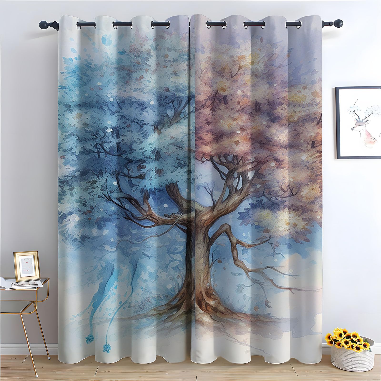 Rideaux occultants aquarelle bleu motif floral vintage H215 x L100 cm
