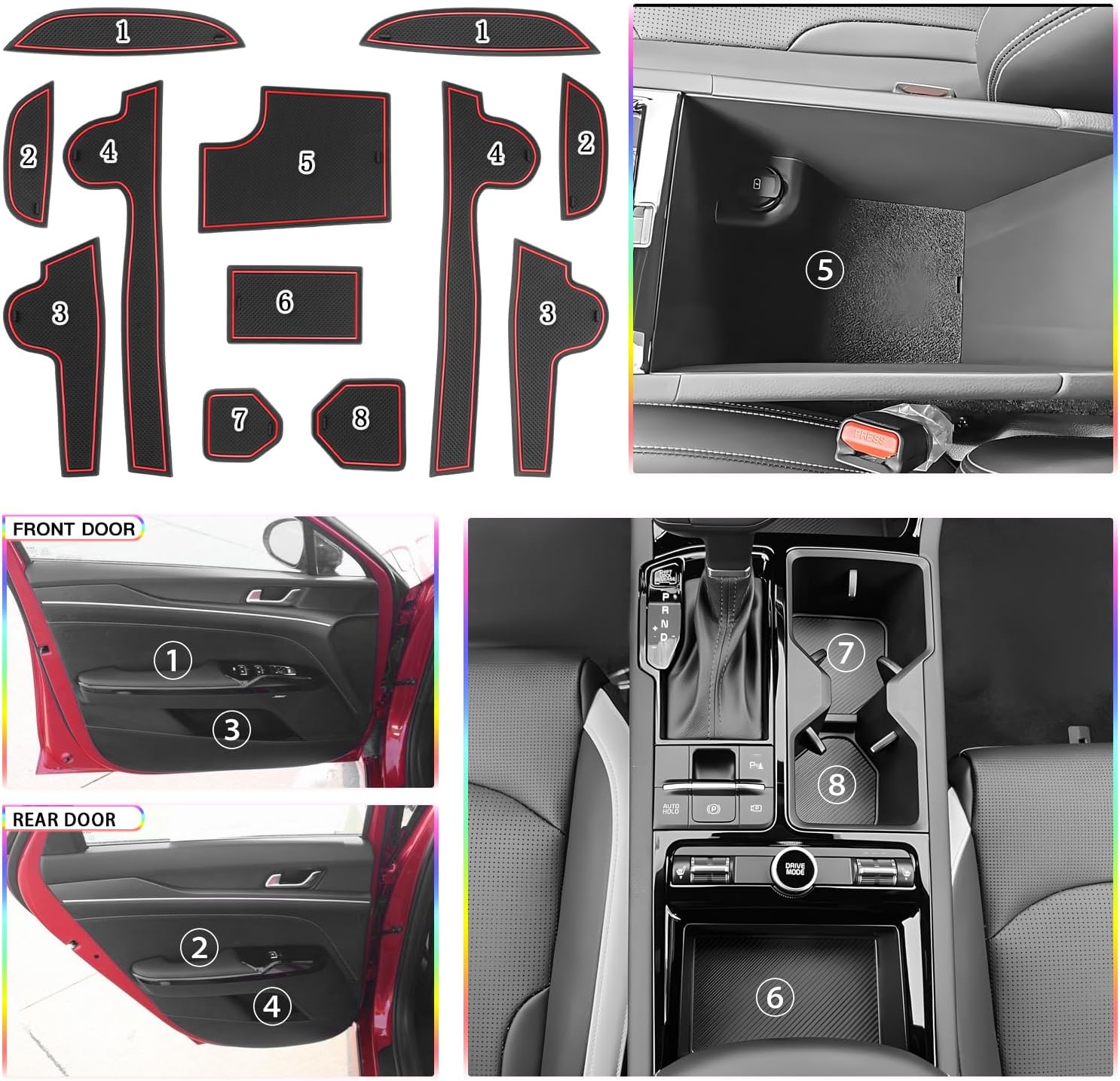 SKTU Door Slot Mat for 2025 2026 Kia K5 Accessories Door Groove Gate Pad 12Pcs Red Fit for 2025+ Kia K5 (LXS/GT-Line/GT/EX) Door Compartment Cup Center Console Liners 2025 2026 K5 Floor Liners (Red)