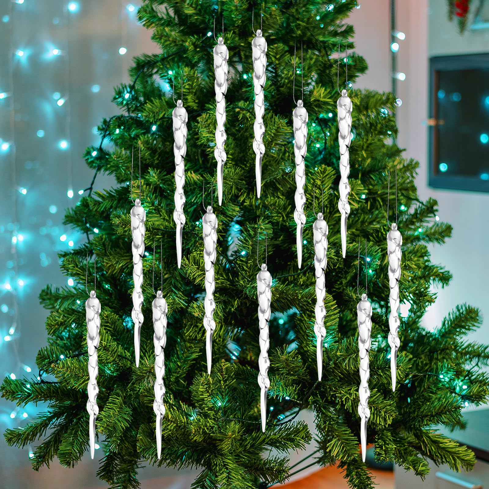 Ehuixinsheng 24 PCS Christmas Decoration Crystal Christmas Tree Ornaments,Clear Acrylic Christmas Icicle Ornaments hanging Set With Strings for Christmas Tree Party Hanging Indoor Decoration