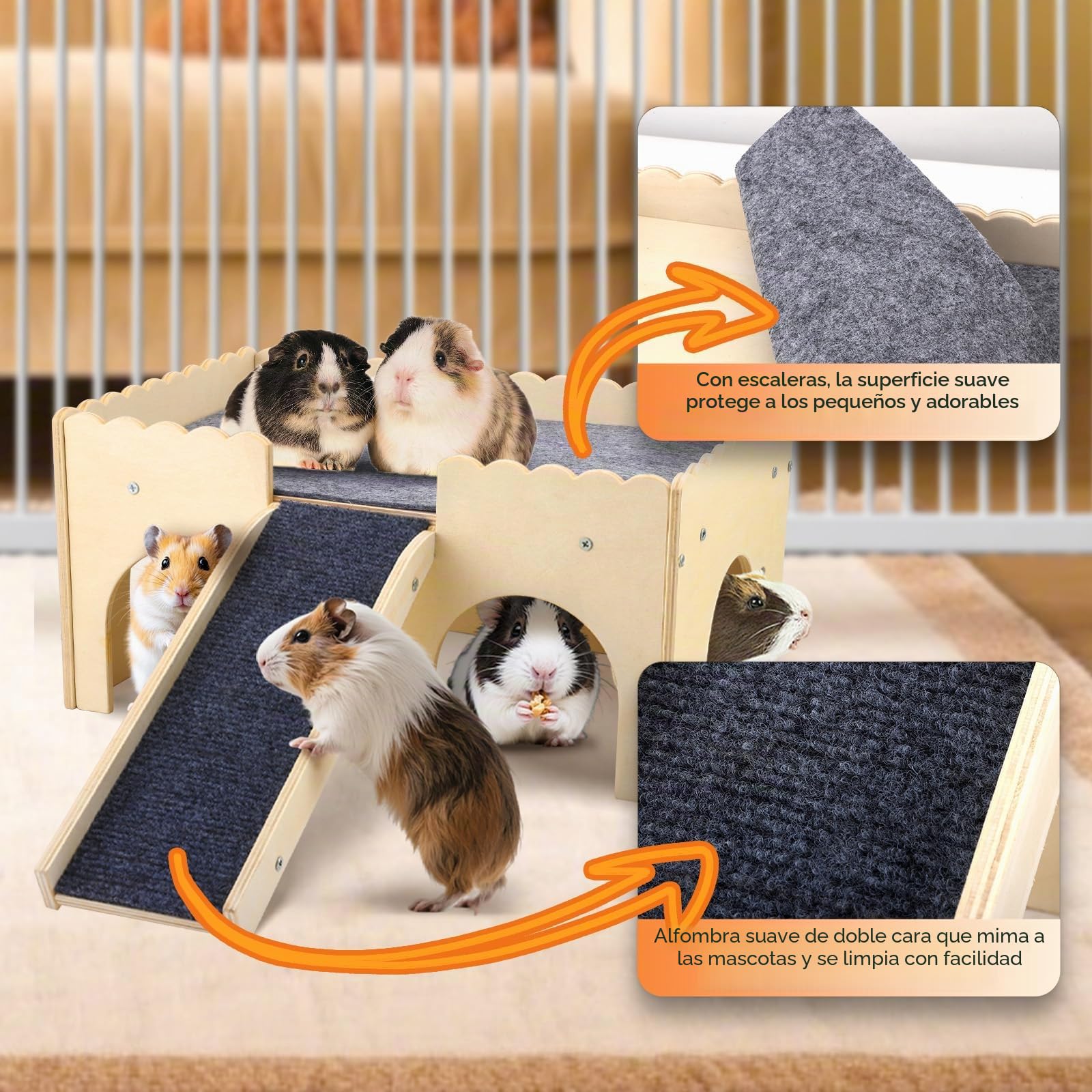 Escondite para Conejillos de Indias, Juguete de Madera con escaleras y esteras, 2 Animales pequeños, esconde y Castillo para hámsters, Conejos y Chinchillas