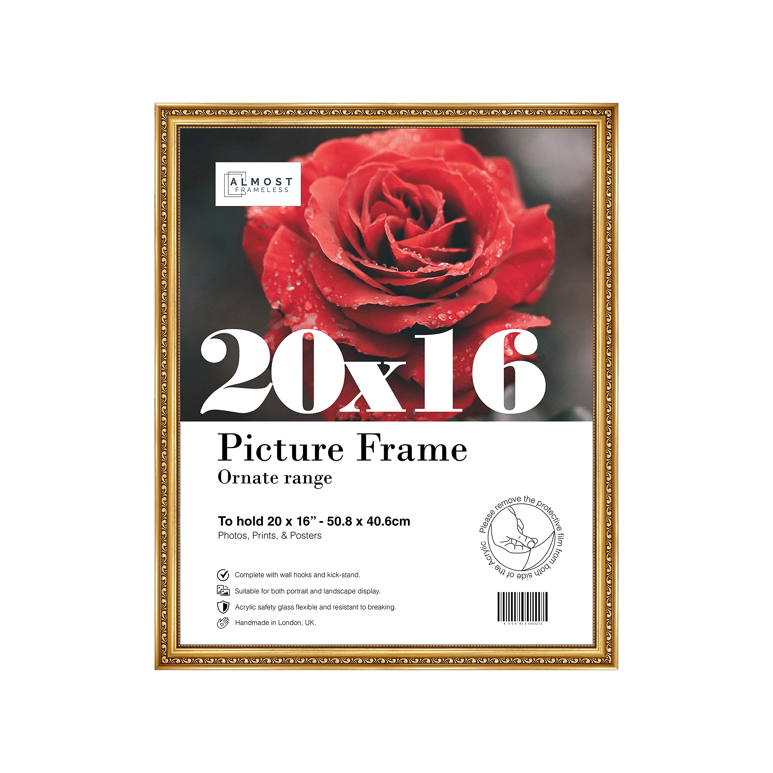 Almost Frameless Gold Picture Frame 20X16 Gold Ornate Picture Frame 20"X16"(50.8X40.6cm) Poster, Photo, Artwork, Or Print. Opulent Style Portrait And Landscape Display With Wall Hooks