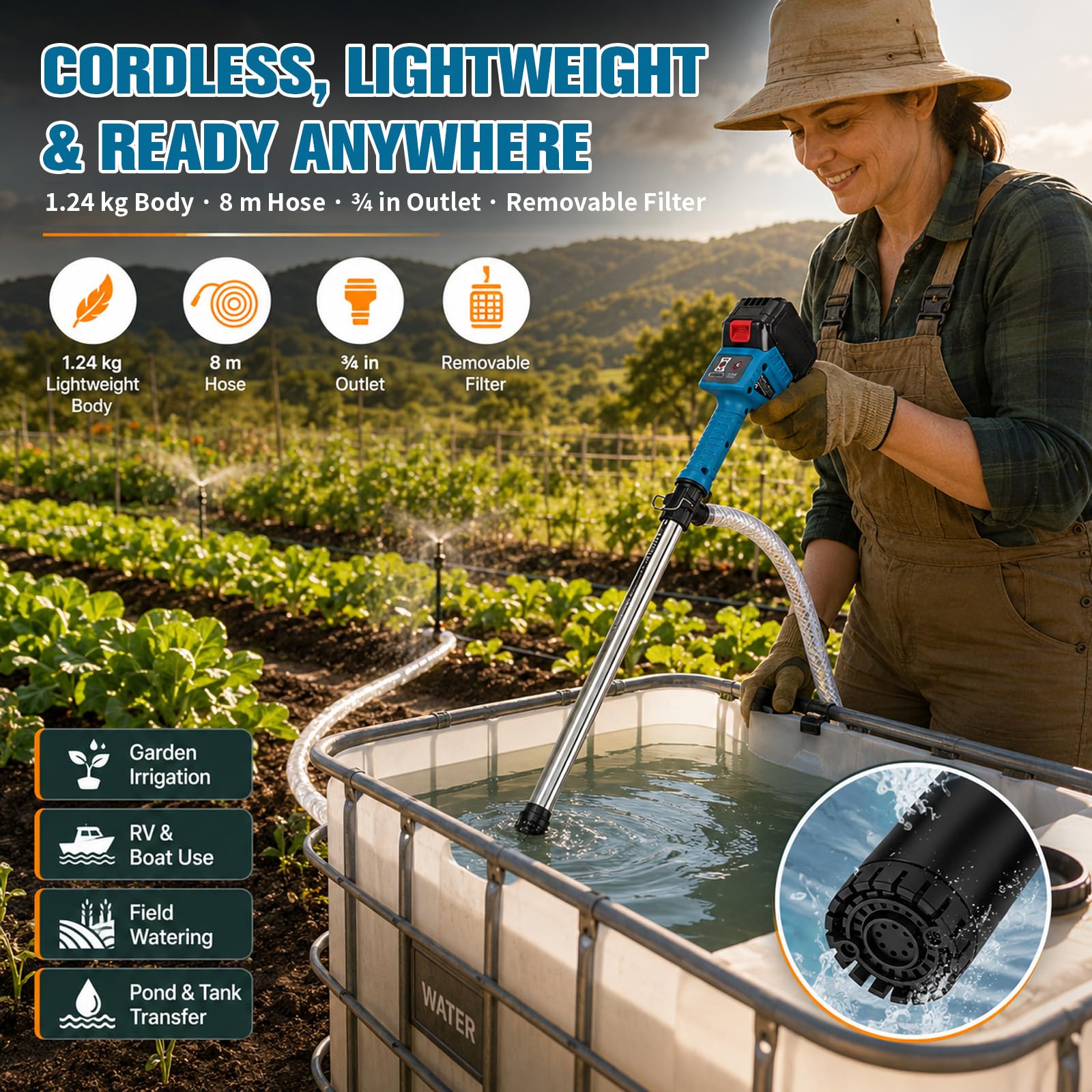 Akku Regenfasspumpe kompatibel mit Makita 18V – Regenfasspumpe mit 3000 L/h, 10 m Förderhöhe, 3-stufiger Durchfluss, 8 m Schlauch, abnehmbarer Schmutzfilter, für Garten Pool Regentonne (ohne akku)