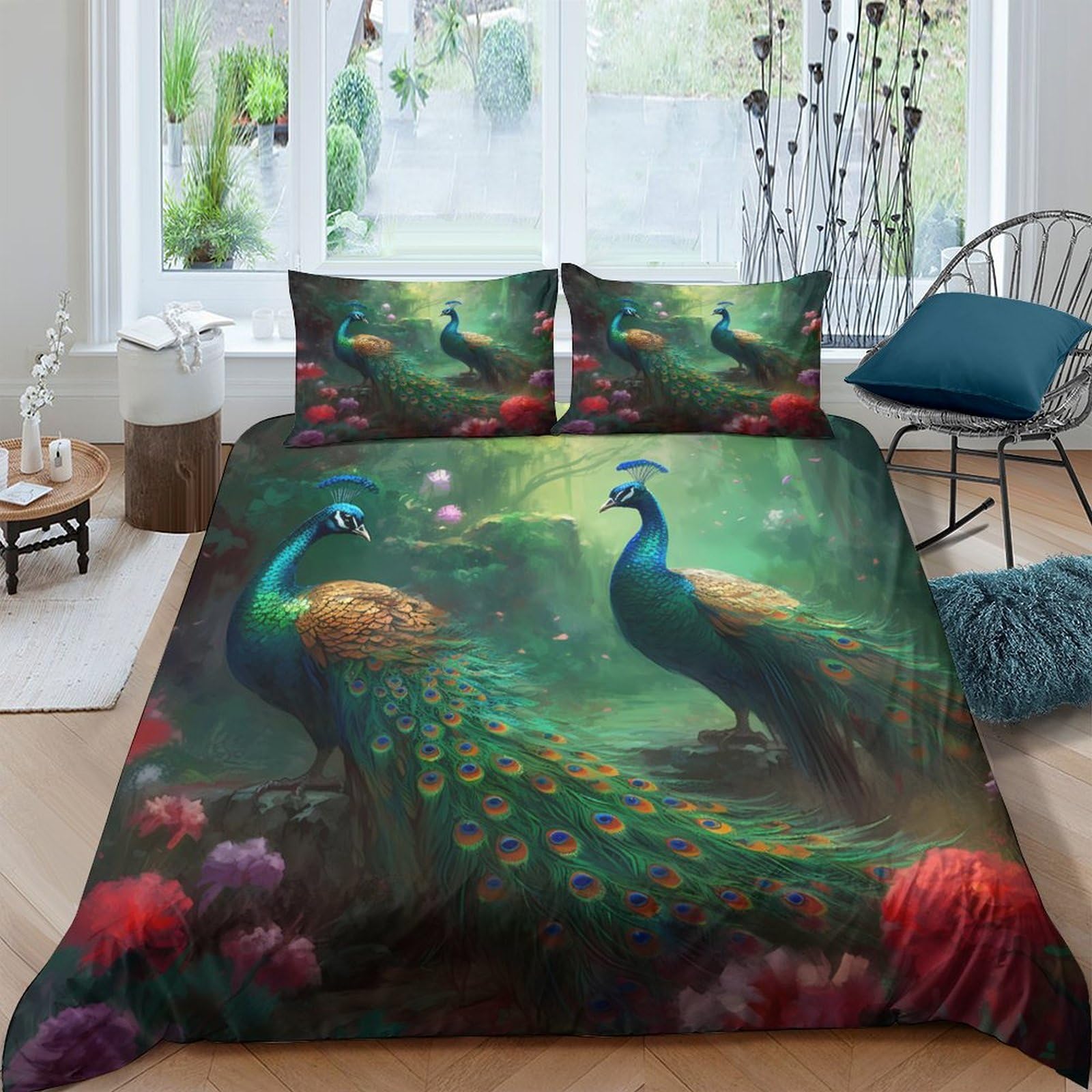 Ctjqhvkz Style-4 3D Printed Peacock Garden Fitted Sheet Microfiber Soft Green Floral Mattress Cover For Bedroom Guest Room Decor Single（135X200cm）