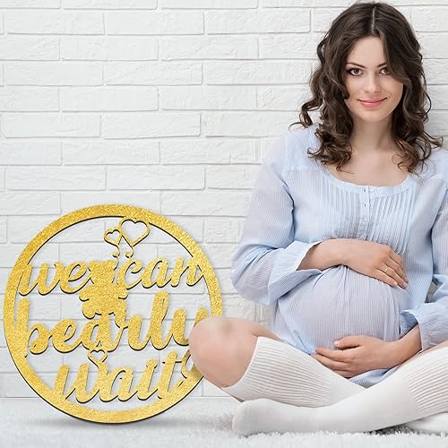 Miniatura 6 de Letrero colgante de madera con texto en inglés We Can Bearly Wait decoración de baby shower tema de oso de bebé letrero colgante de madera purpurina