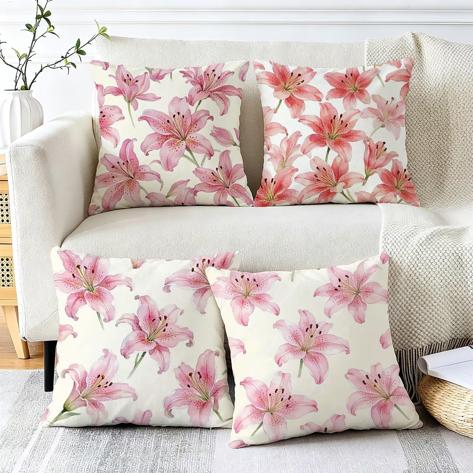 Rosa Federe Cuscini Divano 60x60cm, Cuscini da Esterno Set de 4, Cod-107 | Velour Copricuscini Decorativi Letto Arredo, per Letto, Soggiorno, Giardino, Esterno, Casa Decorazione Set di 4 Giglio