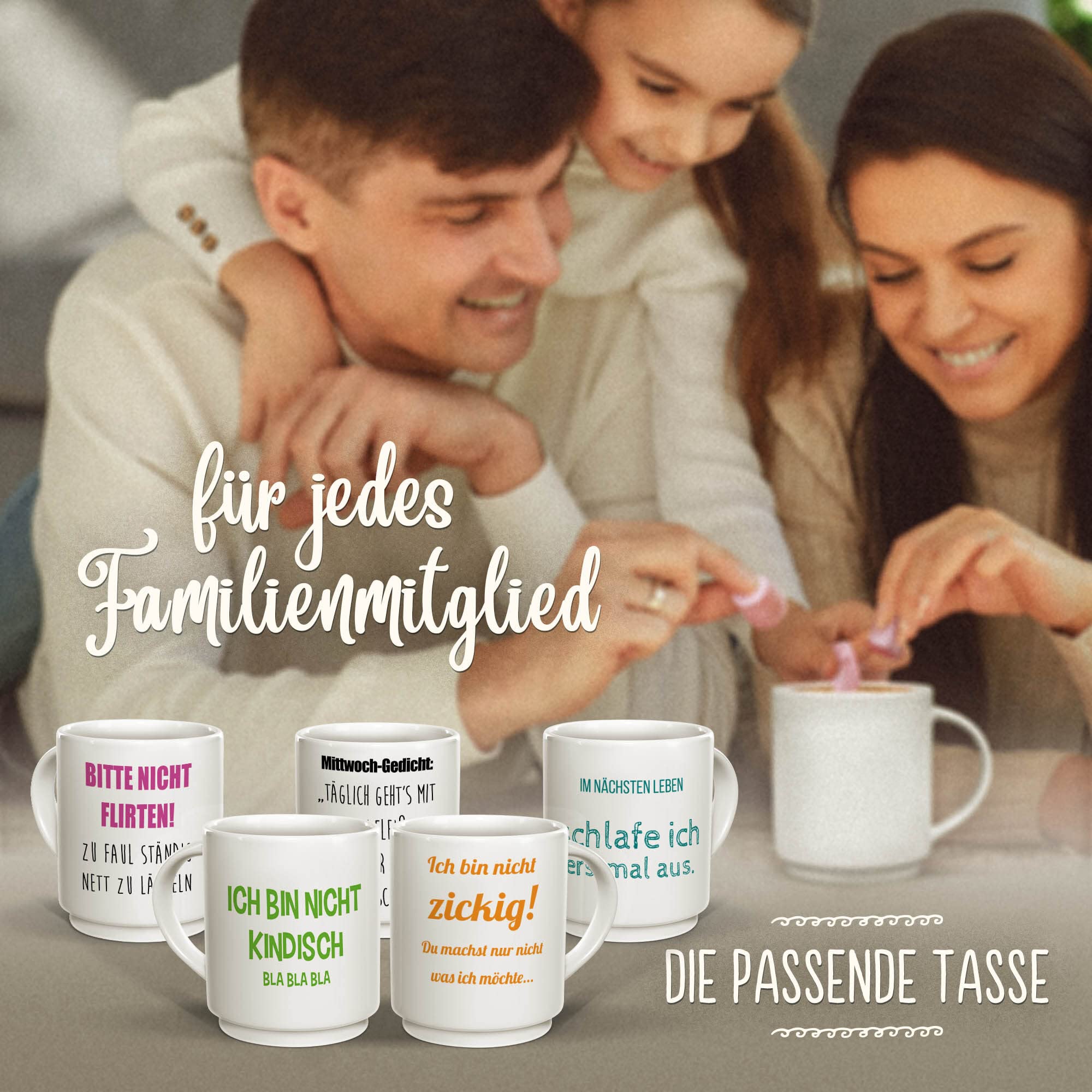 Stapel-Tassen individuell selbst gestalten - mit Text & Name bedrucken - personalisierbar für jedes Familienmitglied mit eigenem Spruch, für Kollegen - Keramik, Stapelbar 5-er Set, für 5 Personen