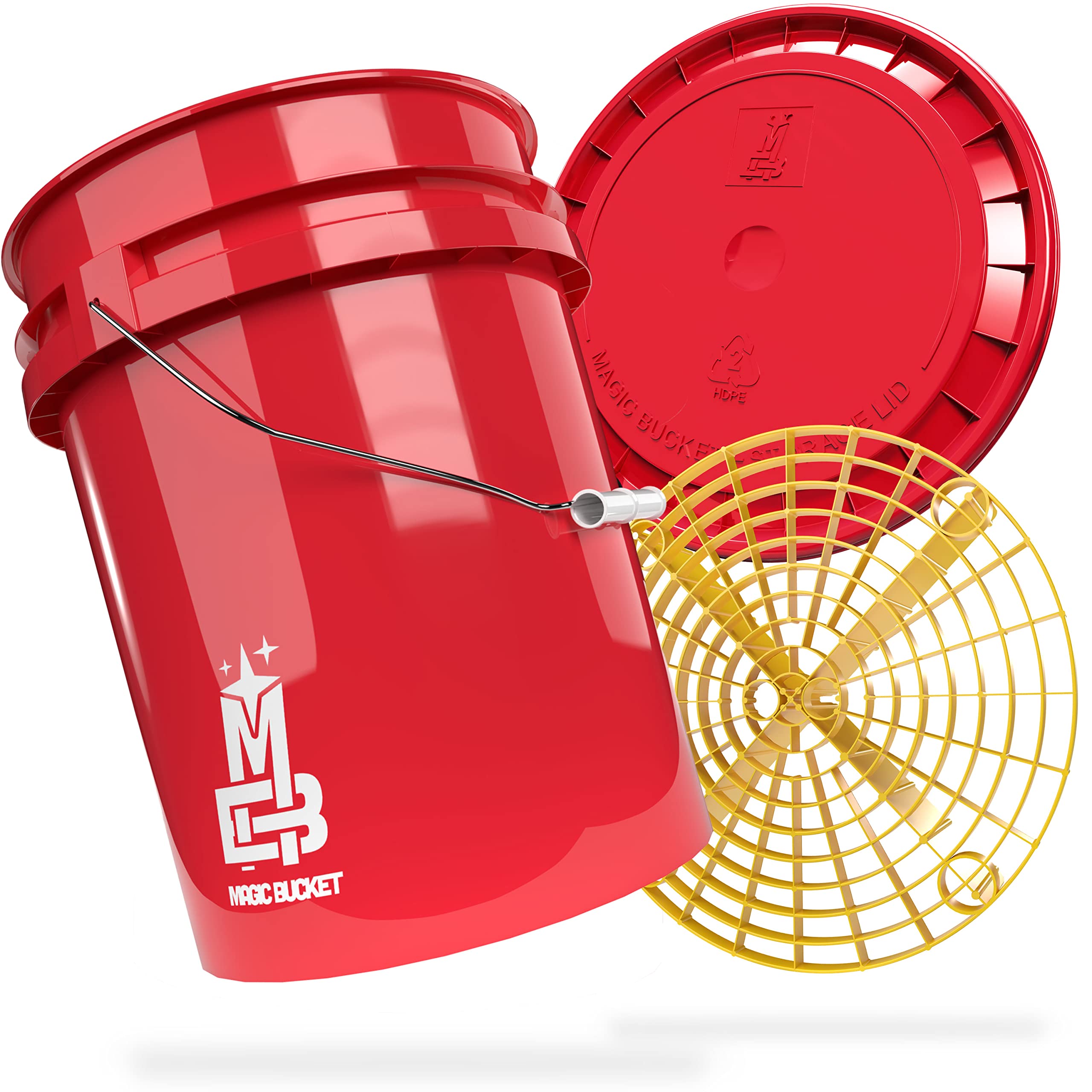 MAGIC BUCKET Paquete de lavado a mano para coche, cubo de lavado con tapa de cubo a juego, 5 galones estadounidenses, aprox. 20 litros, con bandeja para cubo Grit Guard, colador para la suciedad,
