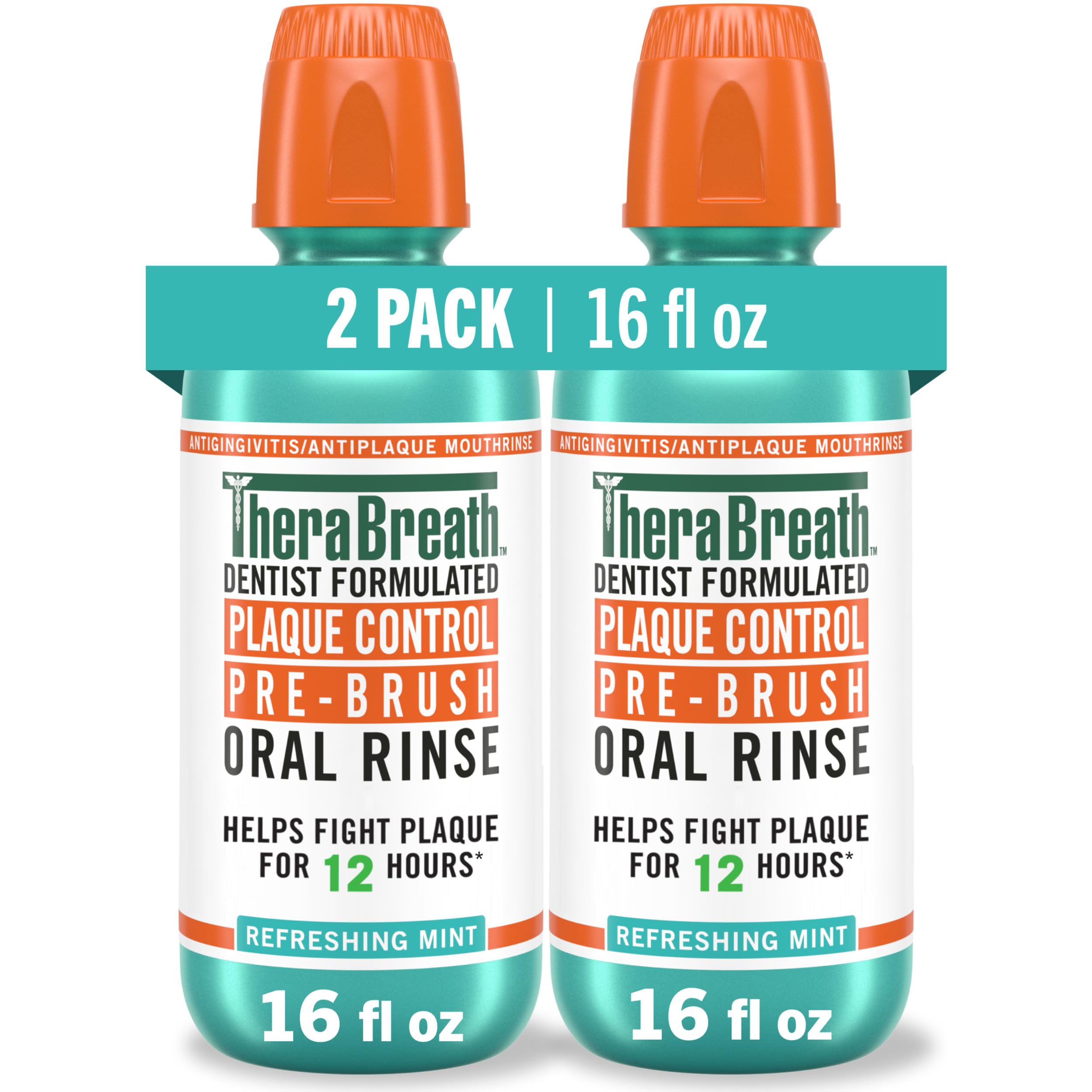 TheraBreathPlaque Control Pre-Brush Oral Rinse, Refreshing Mint Flavor, Antigingivitis and Antiplaque Rinse, Dentist Formulated, Alcohol Free, 16 Fl Oz (Pack of 2)