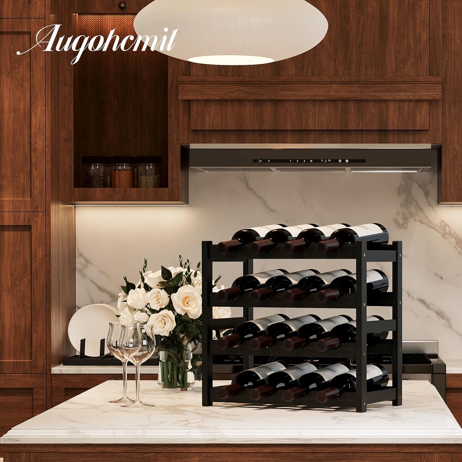 Wine Rack，Bamboo Wine Storage Cabinet Shelf，Countertop Wine Shelf- Freestanding Wine Holder for Kitchen & Pantry (Black, 4-Tier)