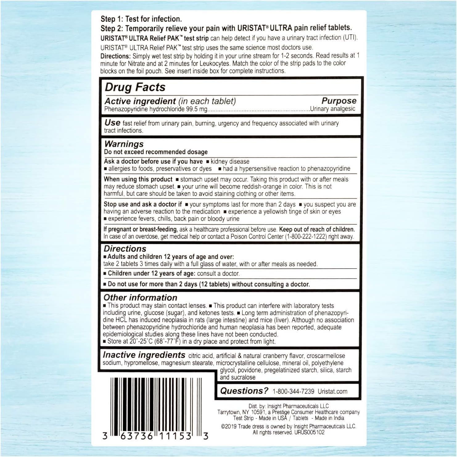 URISTAT Ultra UTI Relief Pack, 1 UTI Test Strip & 12 Pain Relief Tablets (Pack of 4)