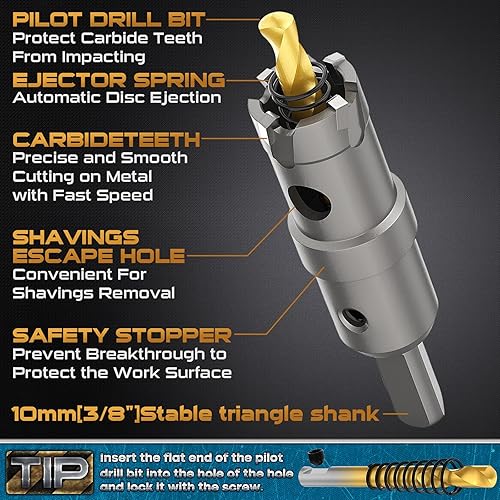Miniatura 5 de DAIMIT - Juego de 19 sierras perforadoras TCT de 916 a 2-38 pulgadas, kit de sierras perforadoras de carburo de tungsteno resistentes para metal,